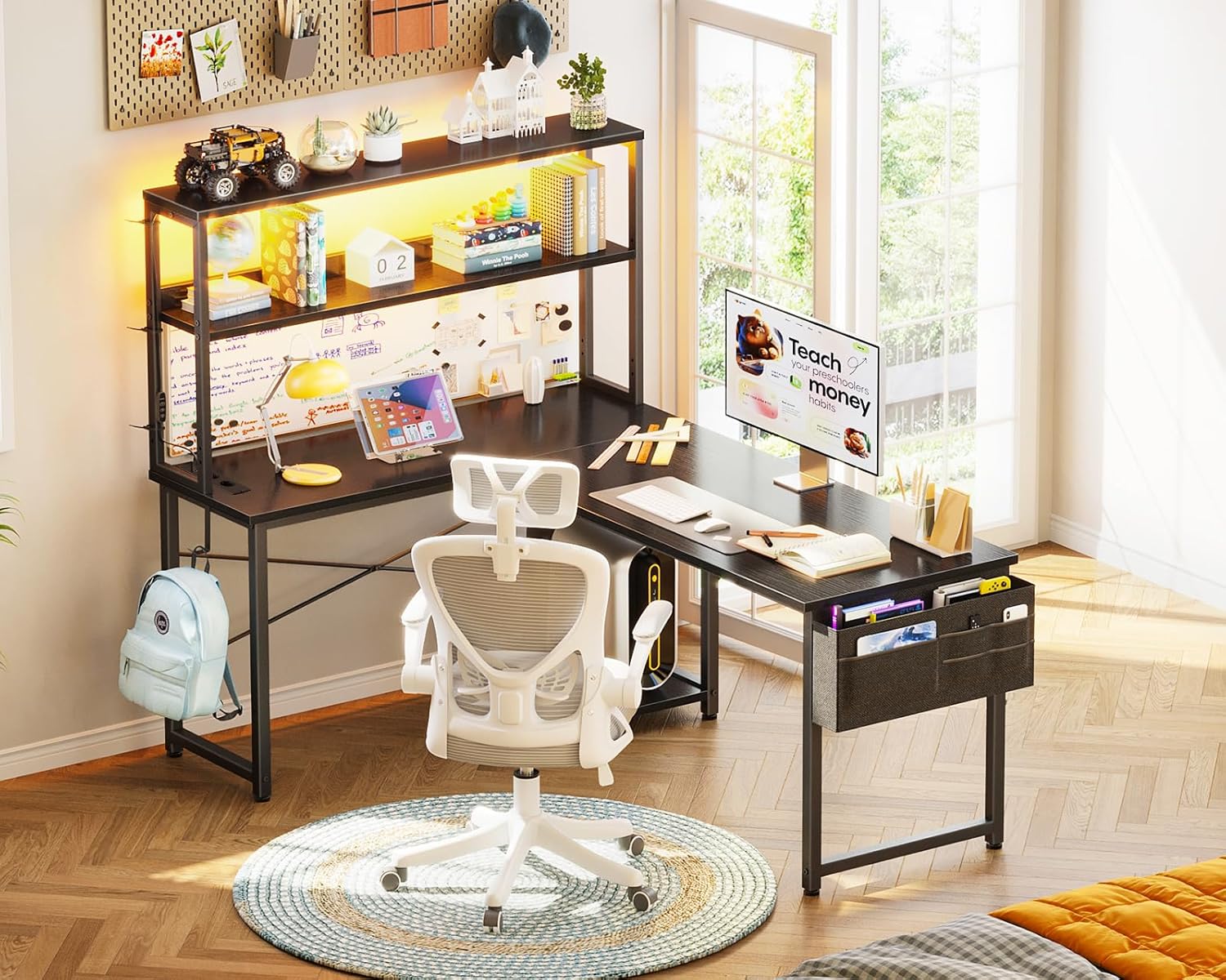 Coleshome - Bureau gaming LED réversible 135x100cm, étagères, rangement