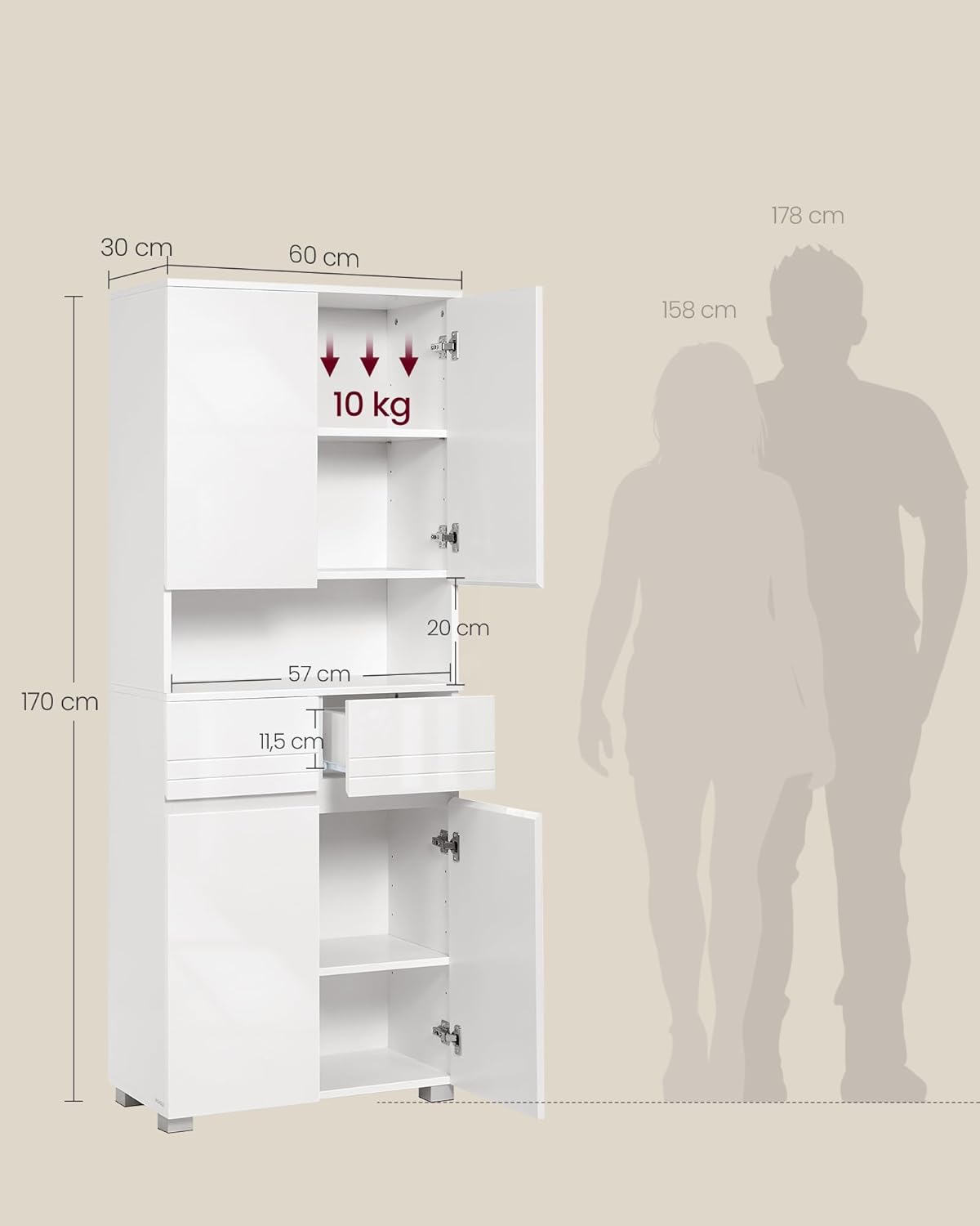 VASAGLE - Armoire salle de bain série BBC563W01 - 30x60x170cm - 2 tiroirs, étagères réglables, rangements BBC563W01