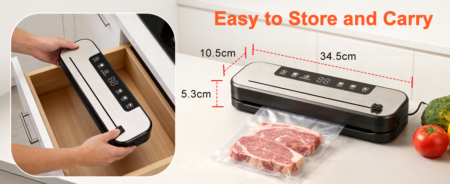 Le texte indique « Facile à ranger et à transporter ». Dimensions du produit indiquées : 10,5 cm, 34,5 cm, 5,3 cm. Les images montrent un dispositif de scellage sous vide qui scelle des emballages alimentaires.