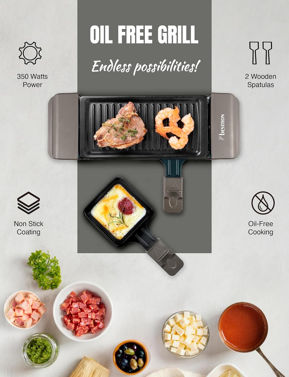 Bestron - Mini raclette/grill 350W - 2 poêlons, antiadhésif, compact