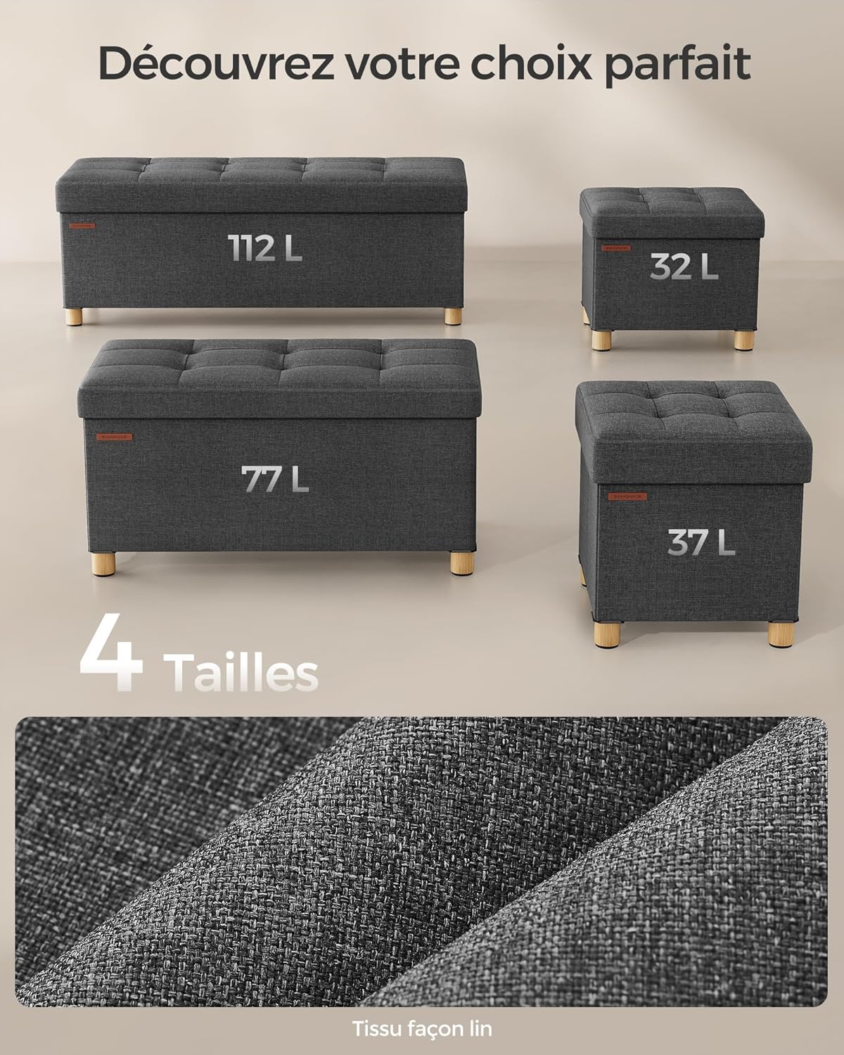 SONGMICS - pouf pliable - 38x38x40 cm - rangement, charge 300 kg LSF14GYZ