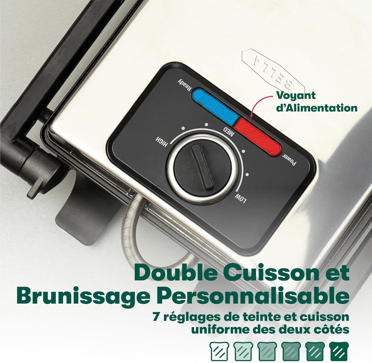 Bella - Presse à panini inox - 1400W - plaques antiadhésives, couvercle réglable, plateau amovible