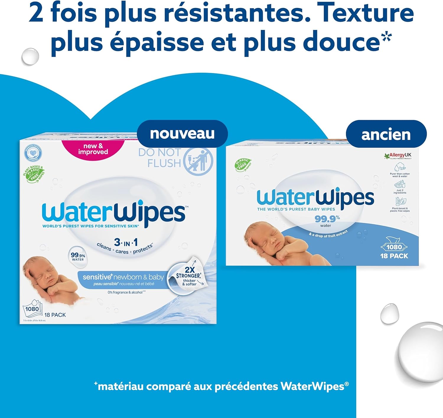WaterWipes - Sensitive+ Newborn - 1080 lingettes - 99,9% eau, hypoallergénique