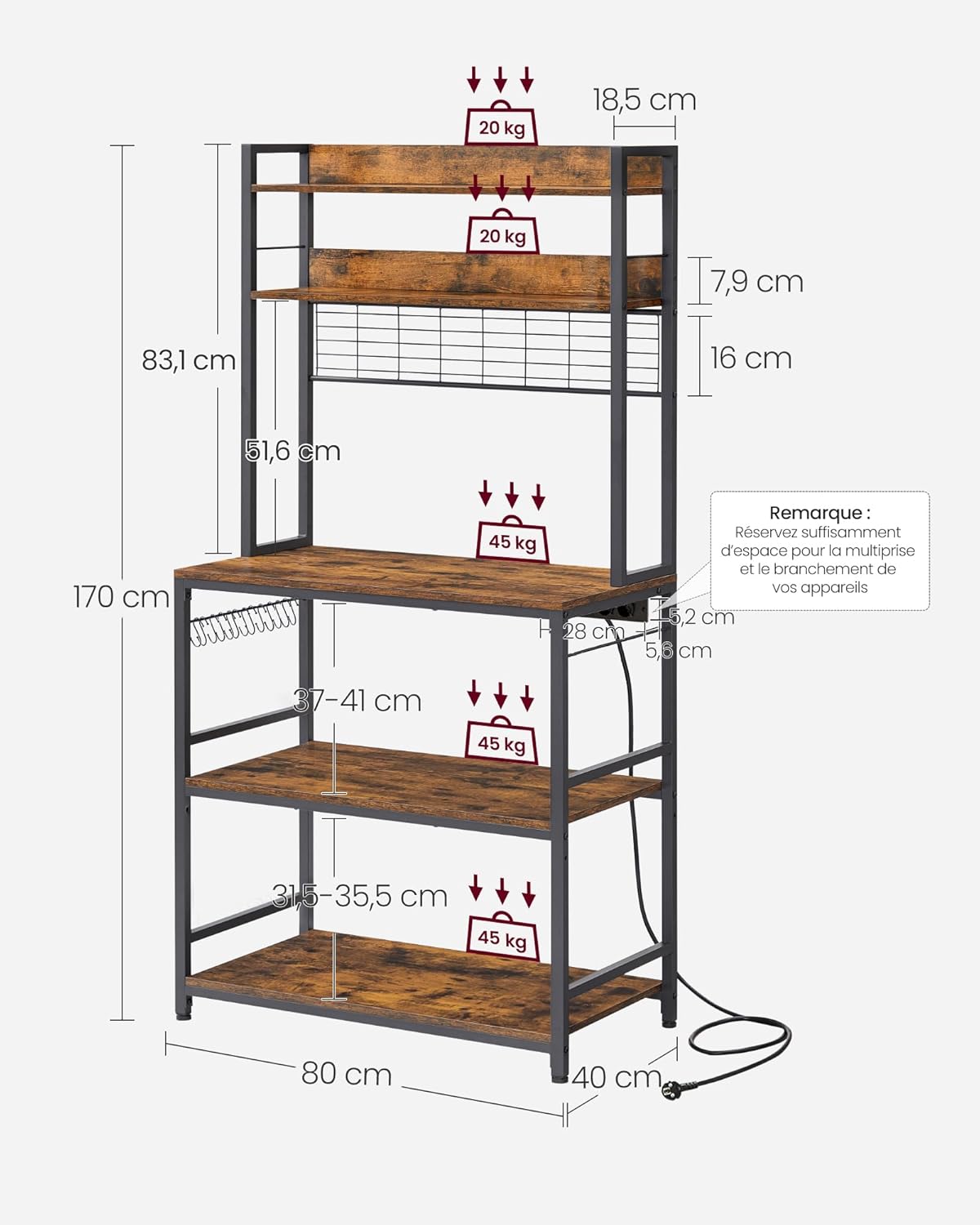VASAGLE - étagère cuisine série KKS - 40x80x170 cm, multiprise, crochets, marron/noir, KKS025B01EU