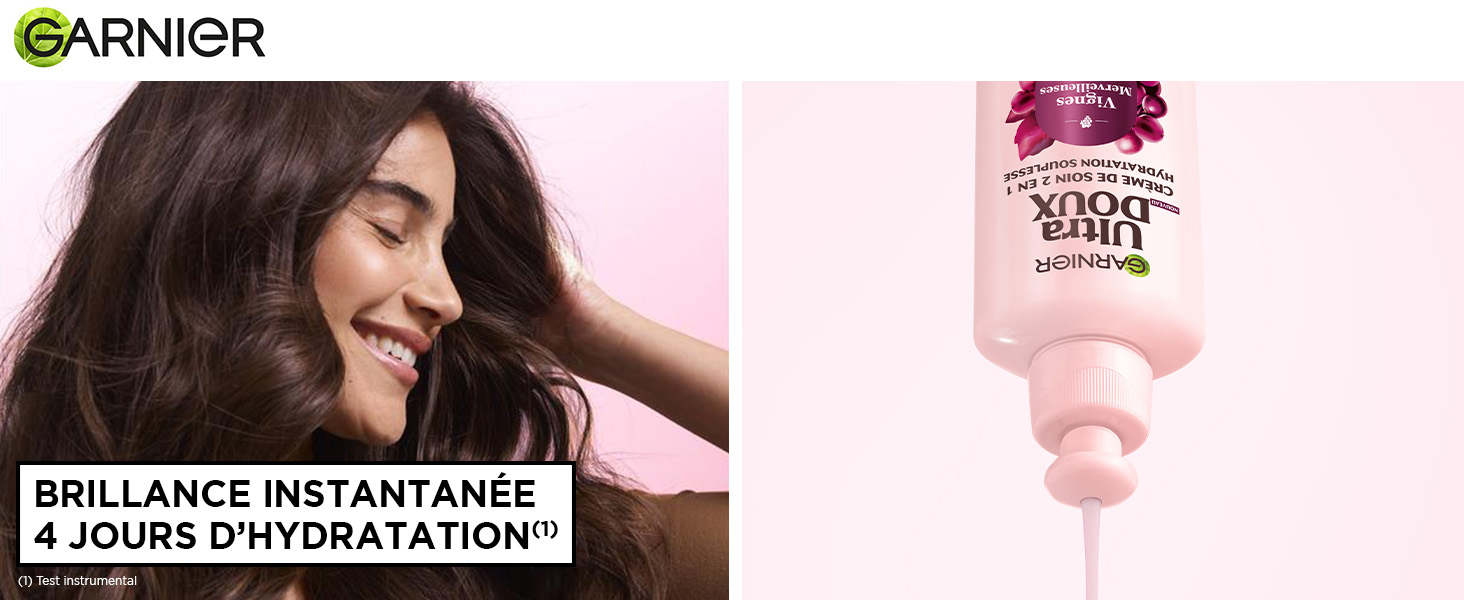 Le texte indique « BRILLANCE INSTANTANÉE + JOURS D'HYDRATATION » et « GARNIER ». Publicité de produits de beauté montrant un fond rose avec des images liées aux soins de la peau.