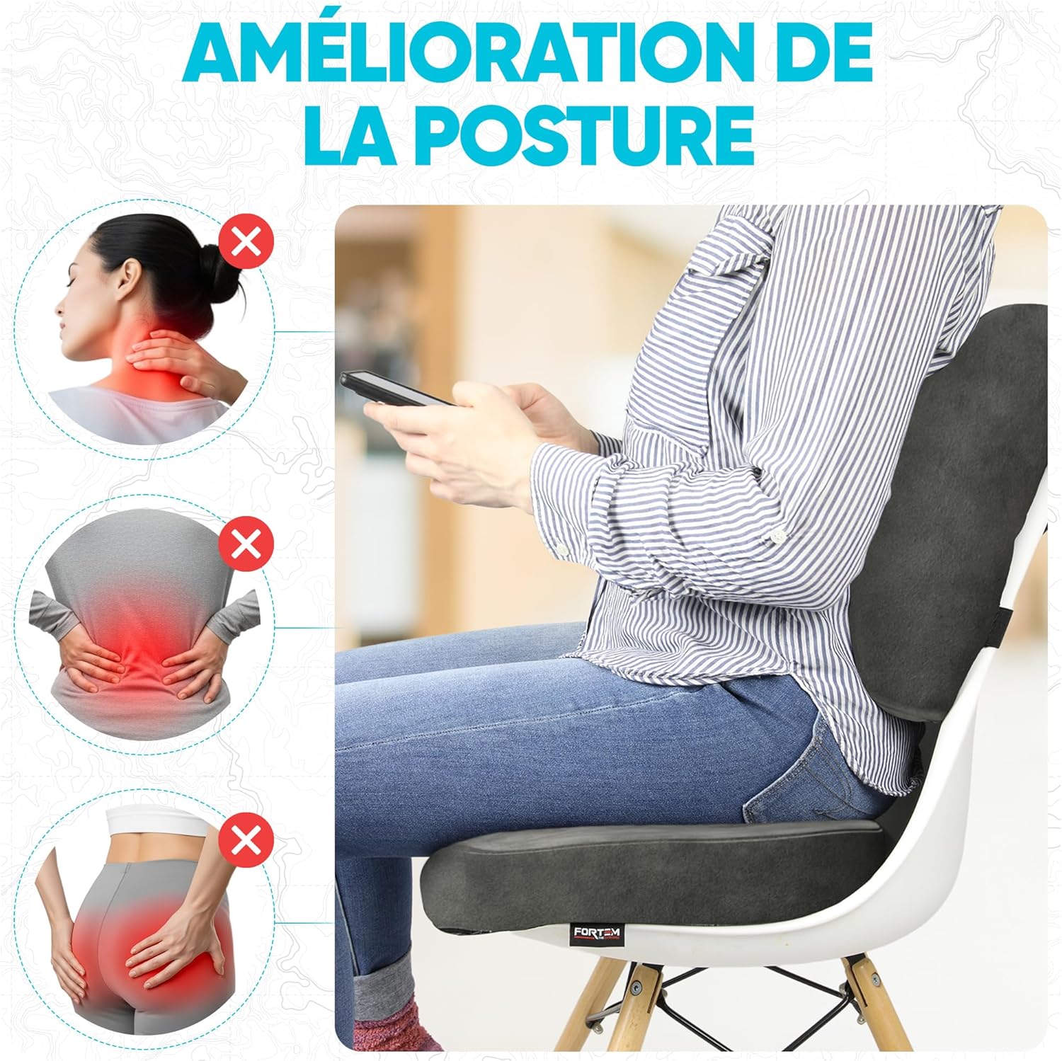 FORTEM - coussin lombaire/assise mémoire de forme - antidérapant - soutien prolongé dos, confort chaise et auto