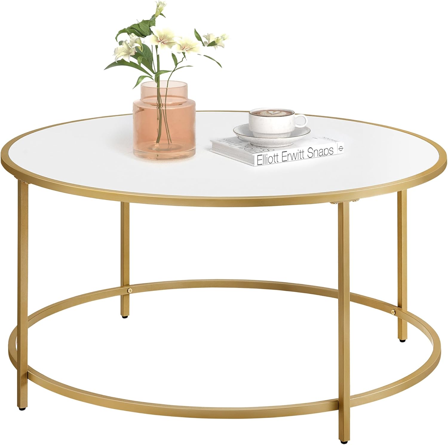 VASAGLE - Table basse ronde verre et acier, doré blanc, LCT091A10