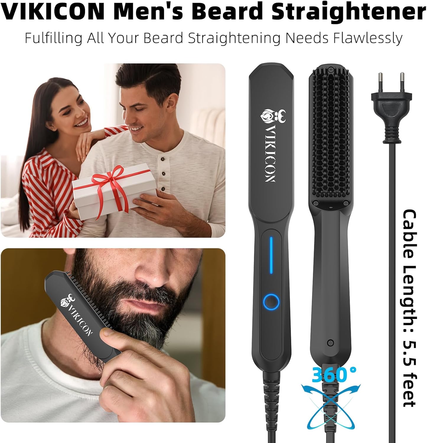 VIKICON - Mini lisseur barbe, portable, ion négatif, 3 températures