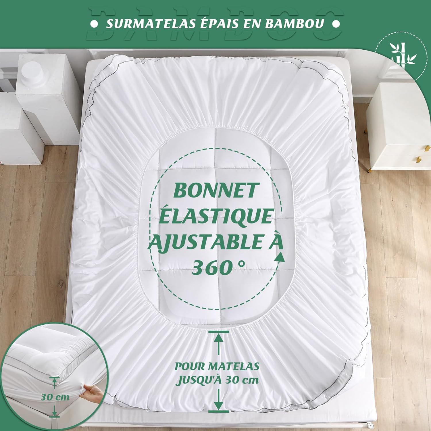 GRT - surmatelas série fibres bambou - 140x190 cm - 6 cm d'épaisseur, ultra-doux et respirant