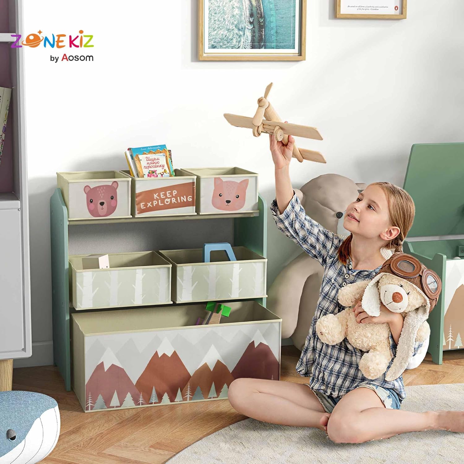 ZONEKIZ - meuble de rangement enfant - 63x30x66 cm, 6 boîtes tissu, vert, ZONEKIZ