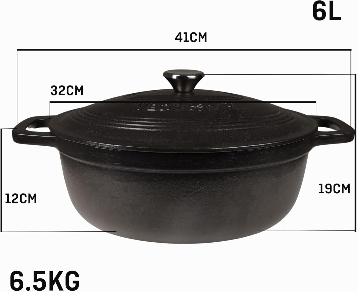 VeoHome - Cocotte fonte émaillée ovale 6L - noir mat, ultra résistante, induction, four, couvercle relief