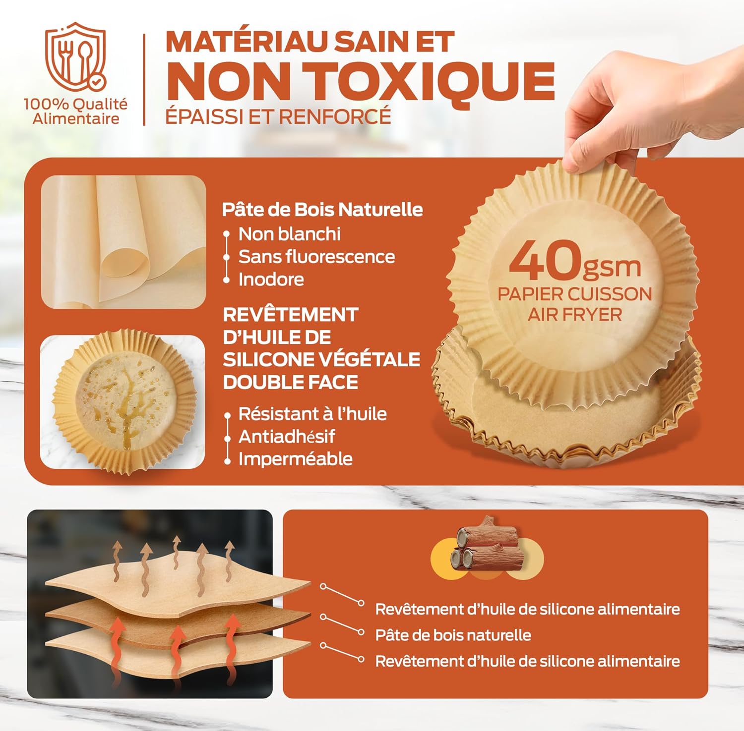 PORTENTUM - papier cuisson air fryer - 16x20cm - 100pcs BPA free, friteuses 3–4,5L