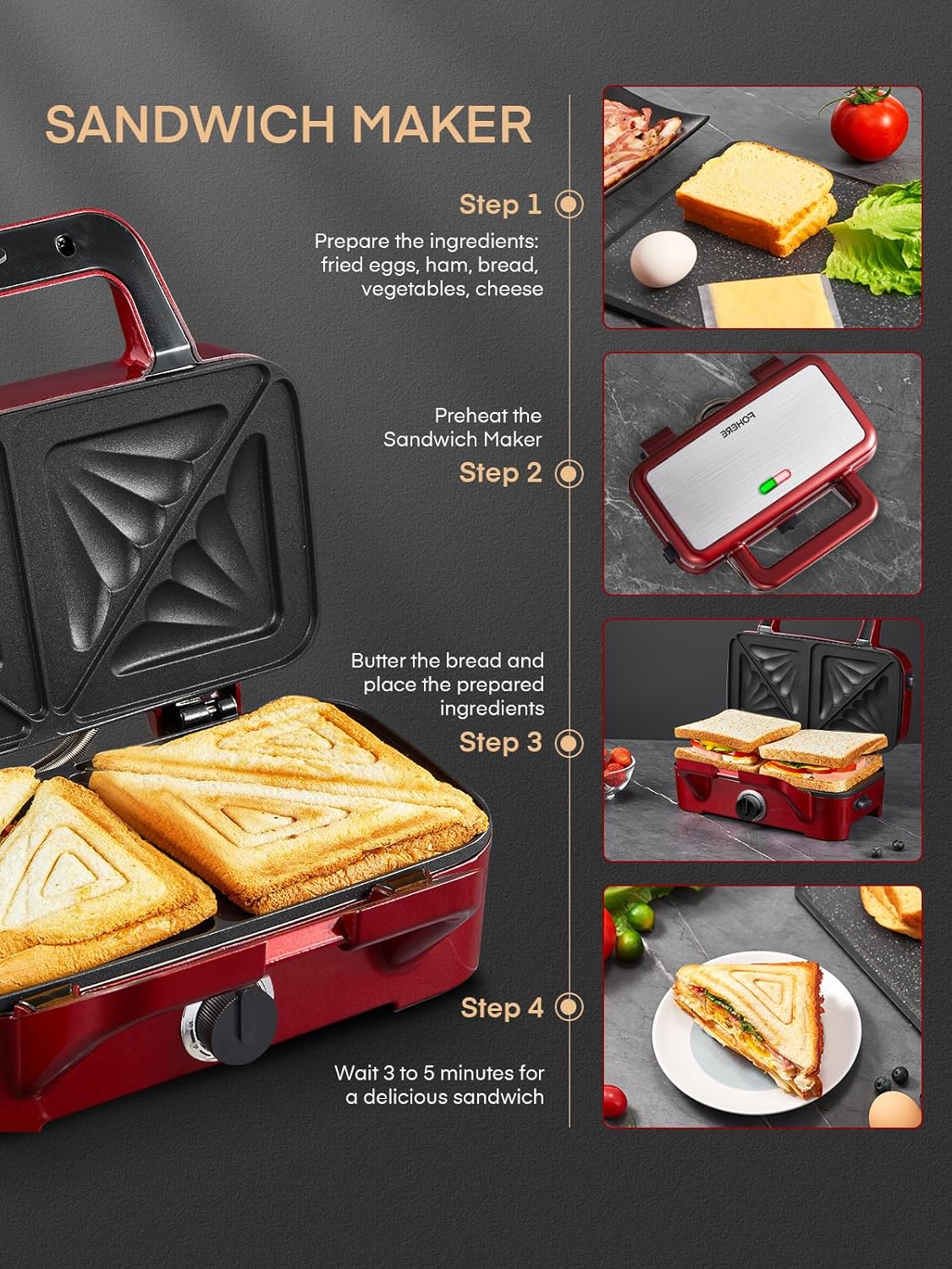 Croque Monsieur multifonction - 1200W - plaques amovibles, 5 vitesses, chauffe rapide, nettoyage facile, rouge