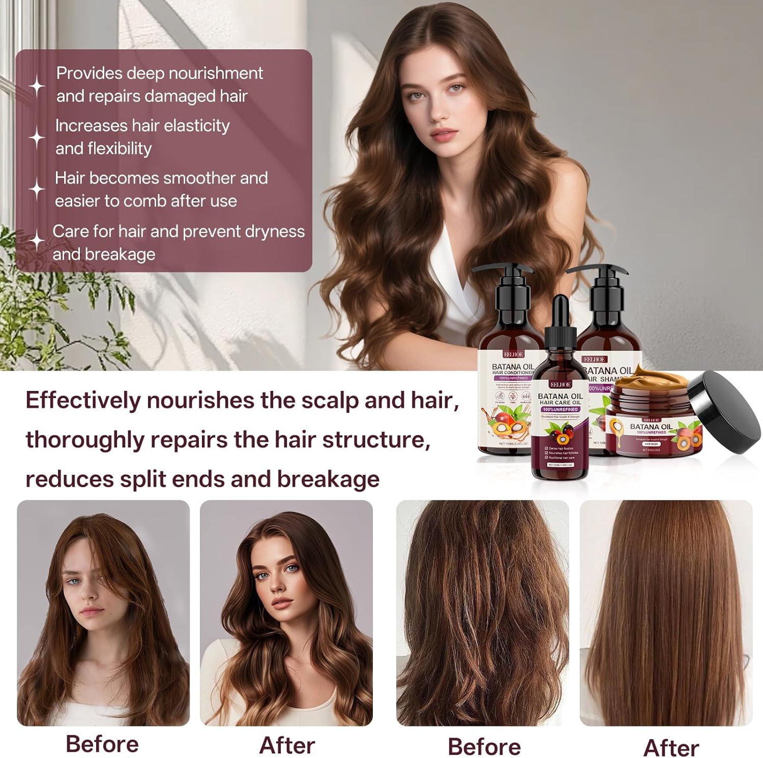 Traitement à l'huile pour cheveux - Coffret 4 pièces - Shampoing, après-shampooing, huile, crème - Soins croissance et h