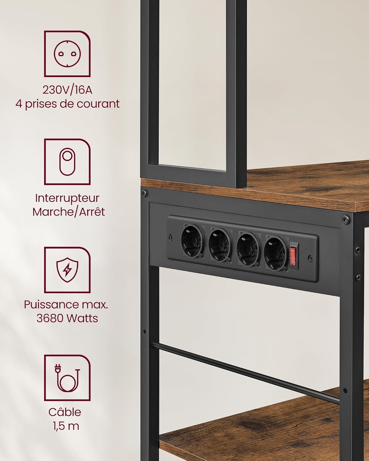 VASAGLE - étagère cuisine série bar café - 40x100x180 cm - multiprise, tiroir tissu, étagères réglables, 12 crochets - K