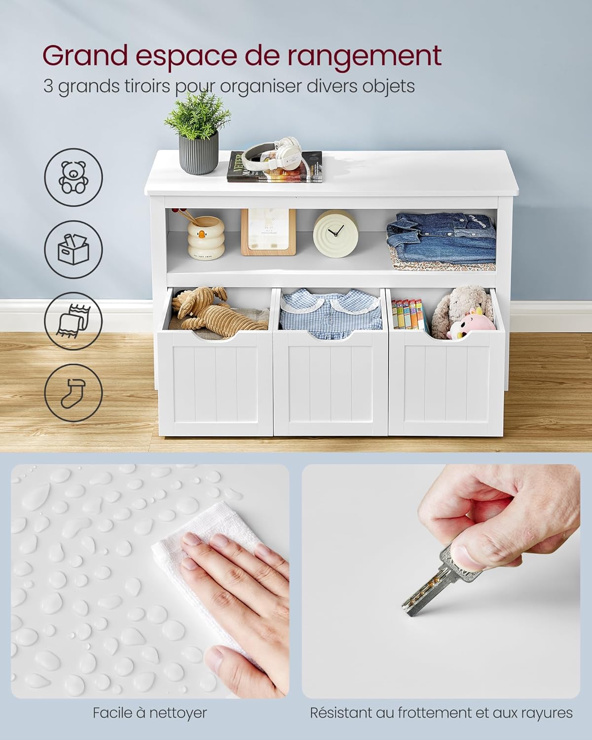 VASAGLE - meuble de rangement enfant - 30x102x60 cm - 3 bacs à roulettes, armoire blanche LHS380W01