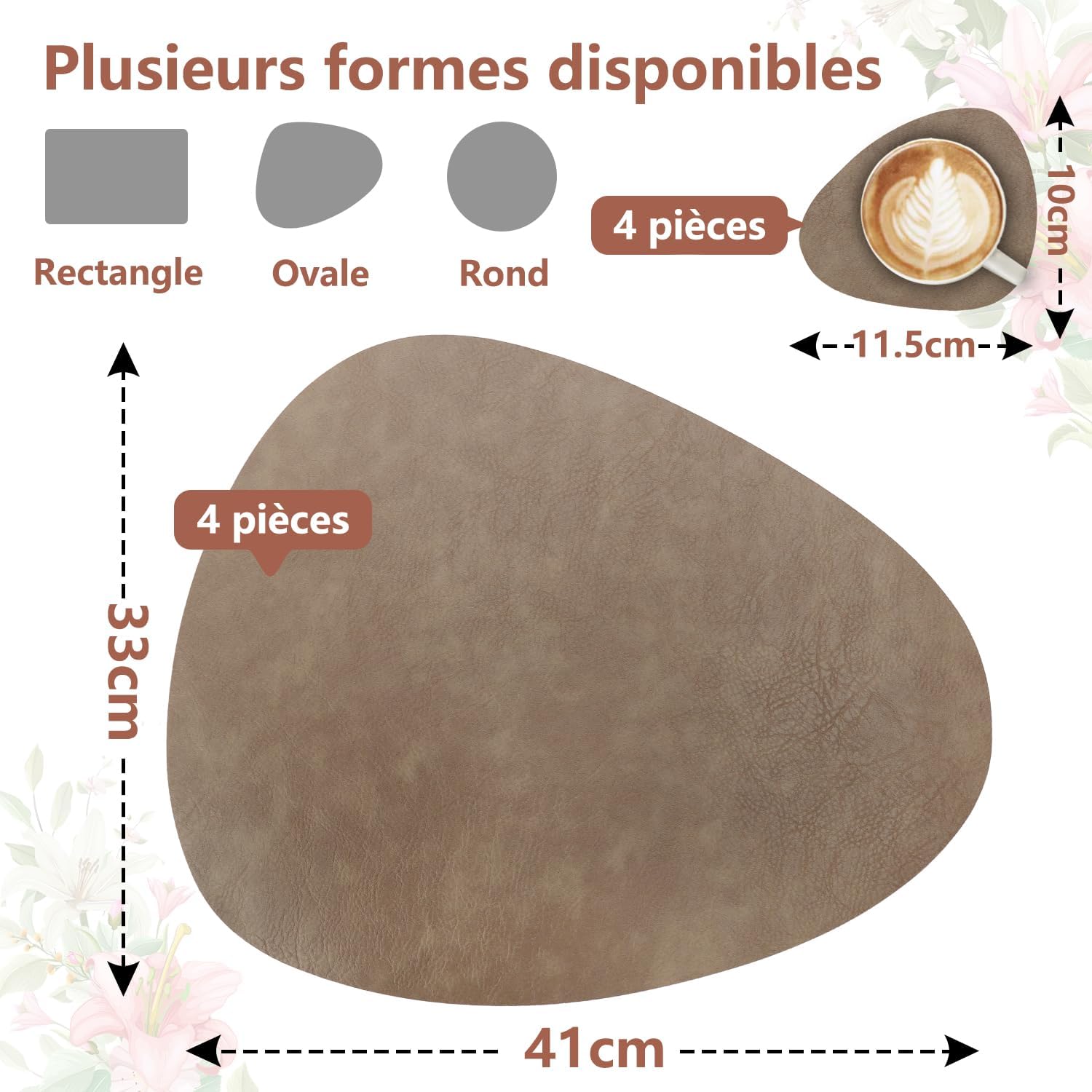 Set de table - lot de 4, PU double face, antidérapant, 41x33cm, marron