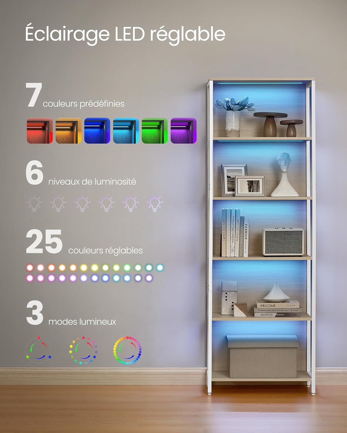 VASAGLE - bibliothèque LED 6 niveaux - 30,3x60x178,6 cm - cadre acier, lumière réglable - LLS120LL01