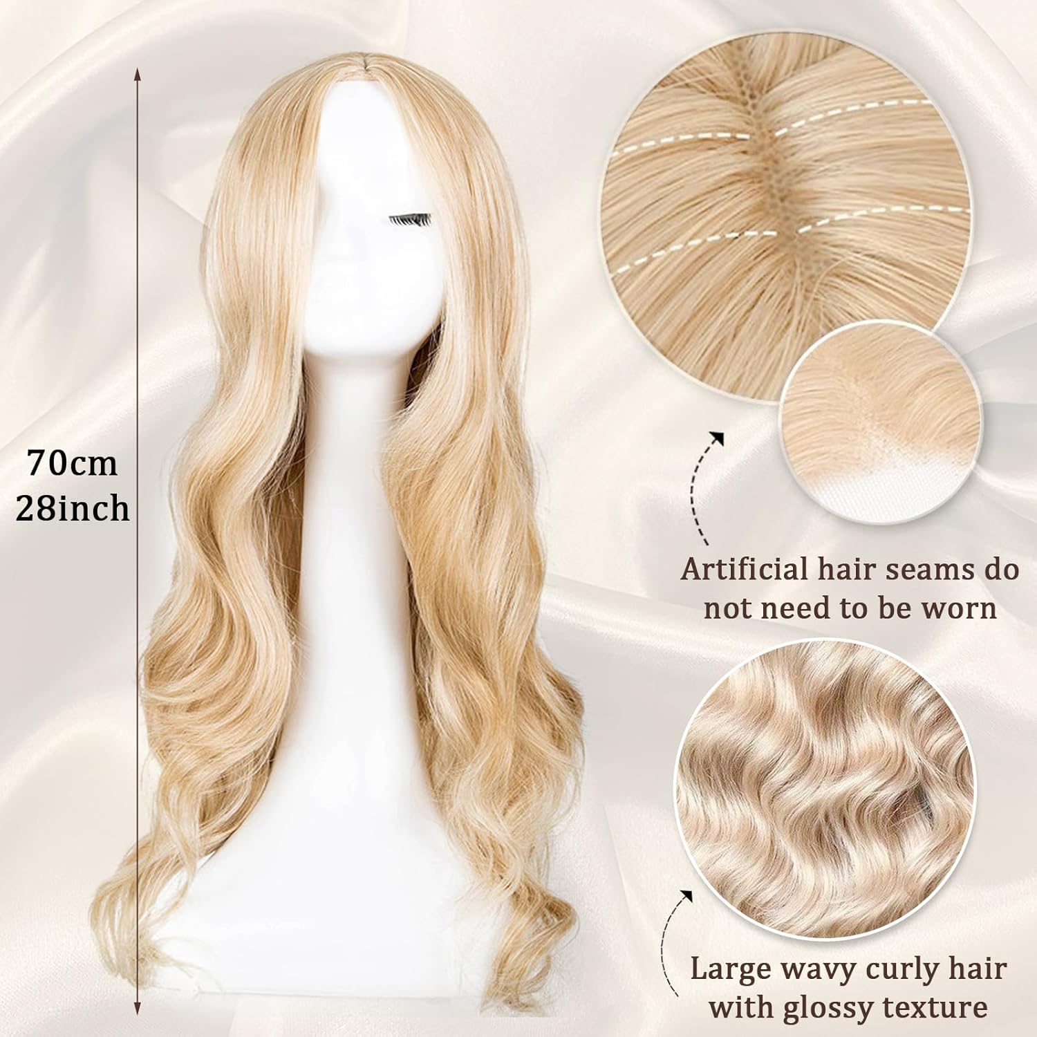 Longue Perruque - ondulée blonde 70cm - raie moyenne, synthétique