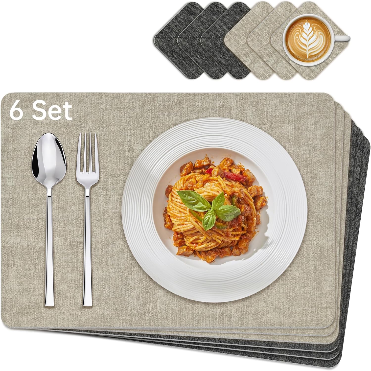 KitchenBoss - set de table double face - 43x30cm - lavable, lot de 6, beige/noir