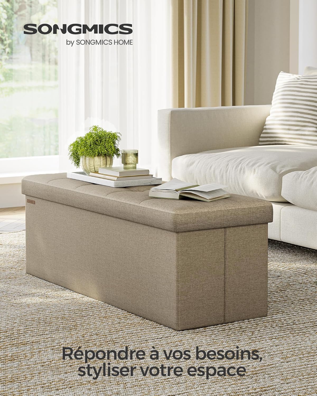 SONGMICS - Mazie Collection - banc pliable 110 cm, rangement bout de lit, montage facile, marron camel, LSF077R01