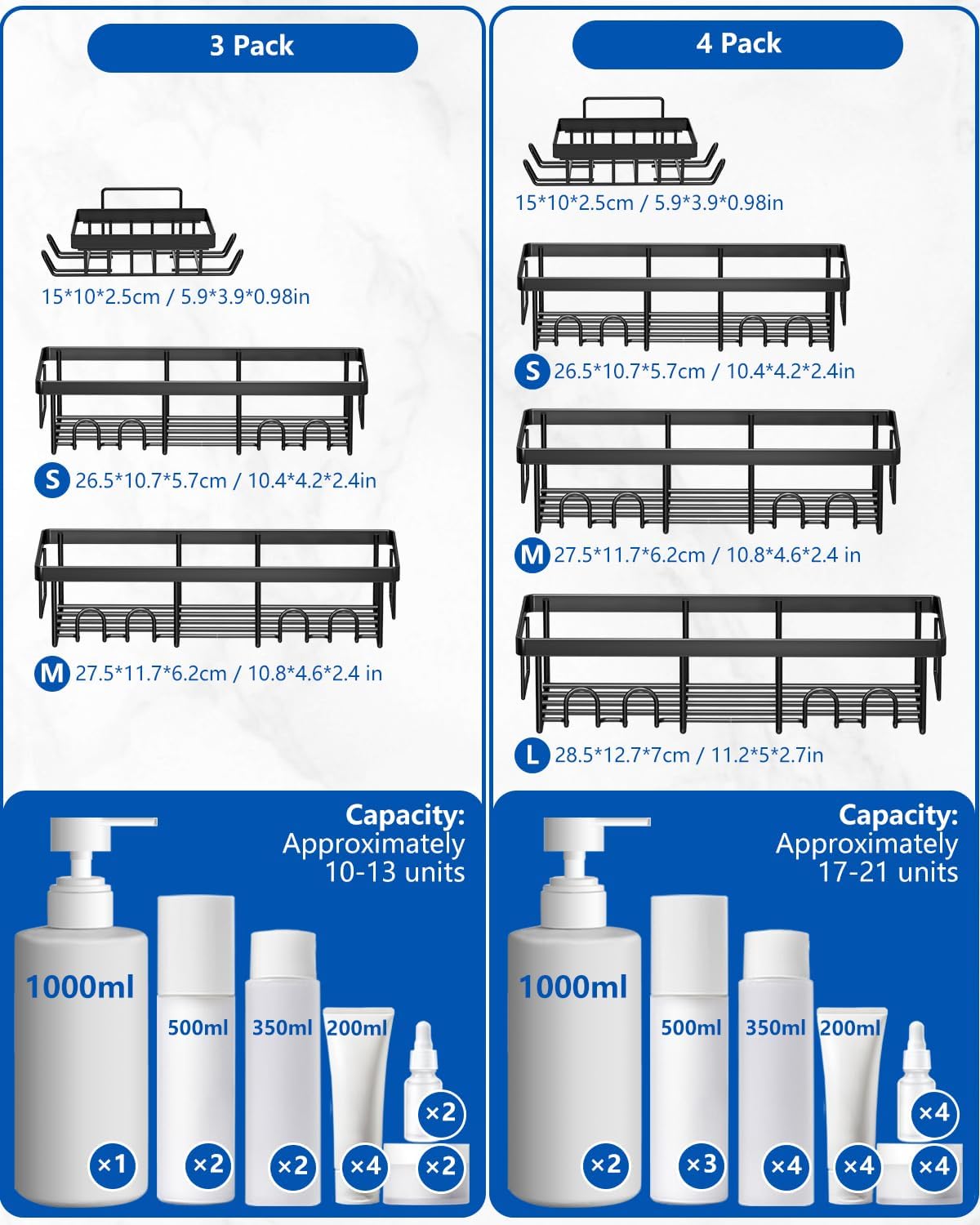 AceMining - Étagère de douche sans perçage, 3 pcs, crochets, rangement compact