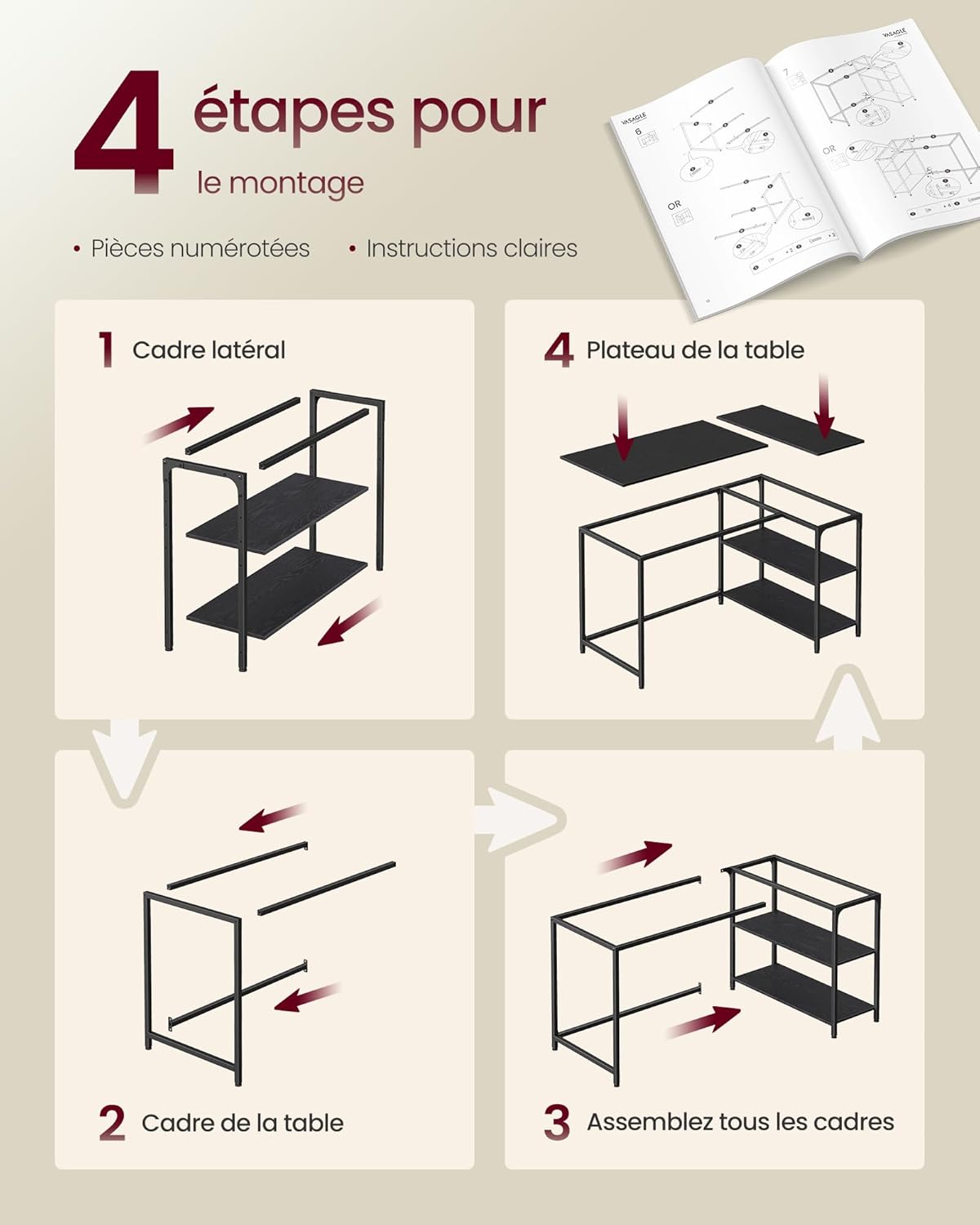 VASAGLE - bureau gaming en L - 120x80 cm - étagères réglables LWD136BE01