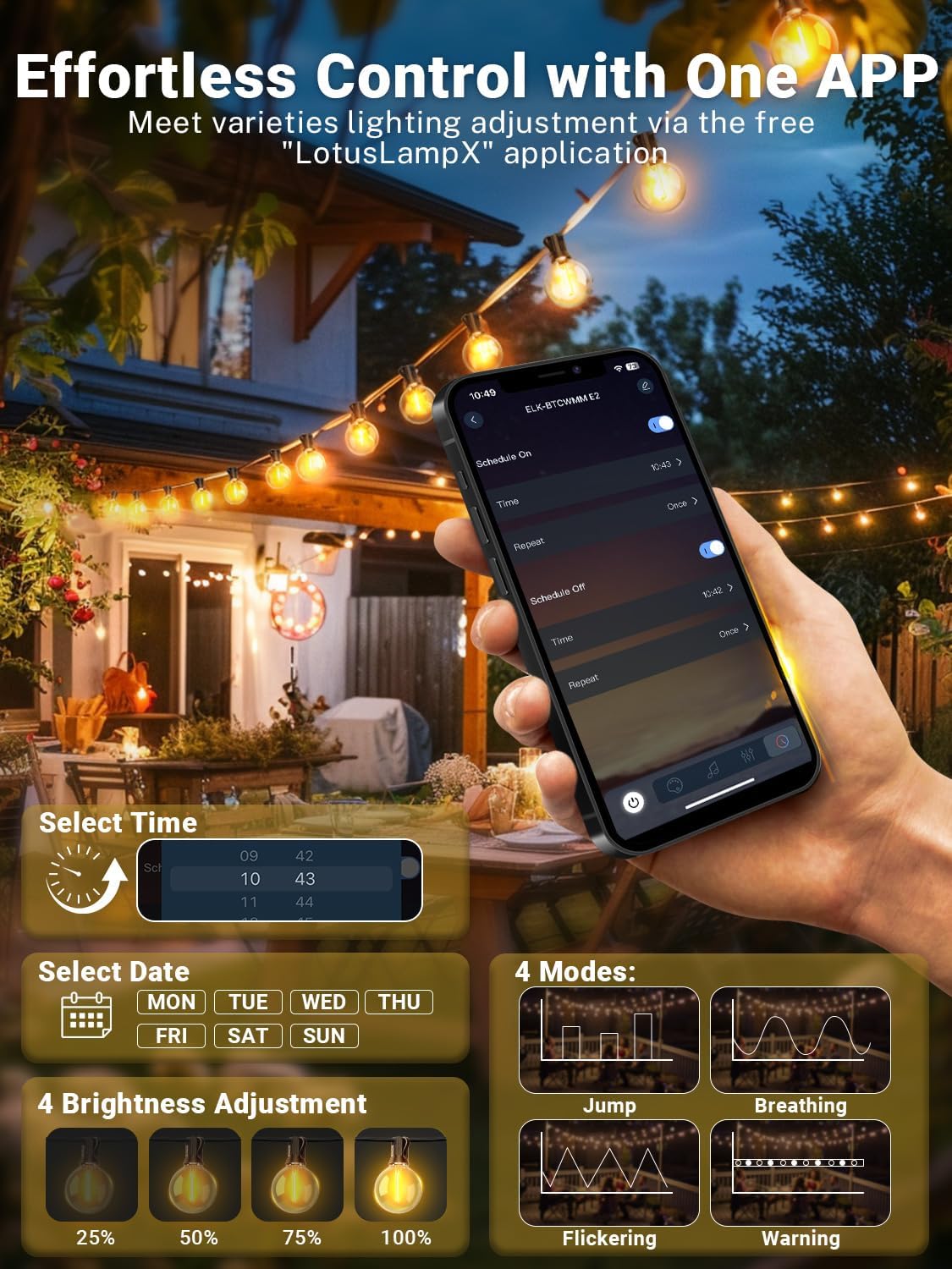 Guirlande lumineuse - dimmable 45m, contrôle APP, IP44, télécommande