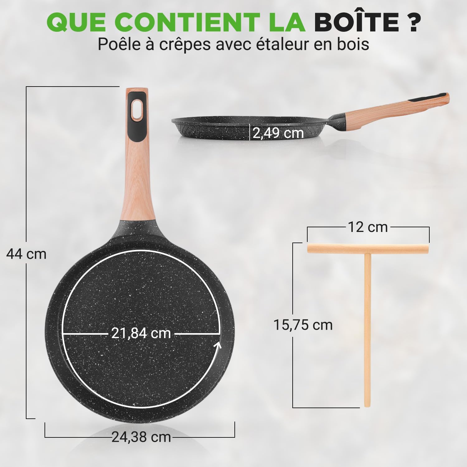 Nutrichef - Poêle à crêpes marbre 24 cm - induction, répartiteur bois, sans PFOA, lave-vaisselle