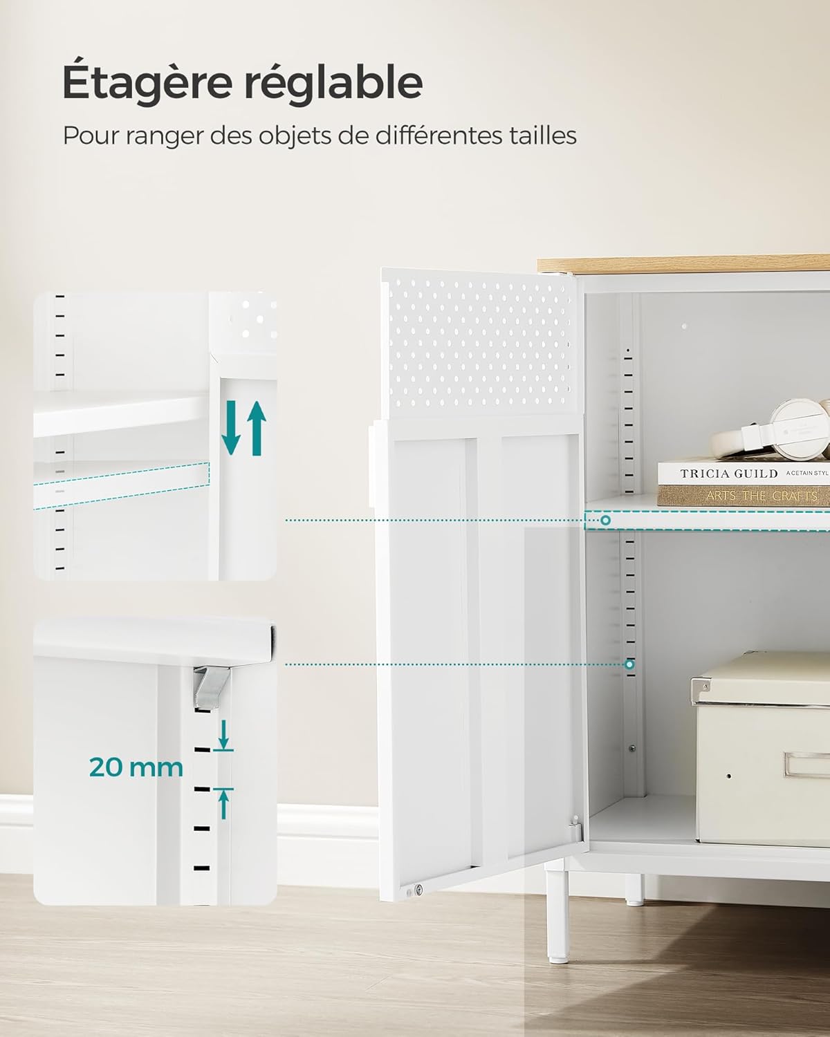 SONGMICS - Buffet double porte métal, 40x80x76cm, bois/blanc, LSC102W57