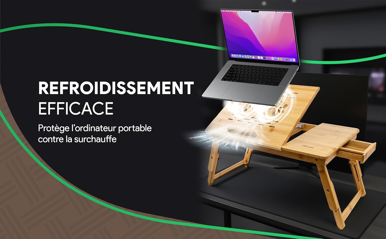 Table de lit en bambou – réglable, avec tiroir, tapis souris, 60x34cm, organisateur câbles