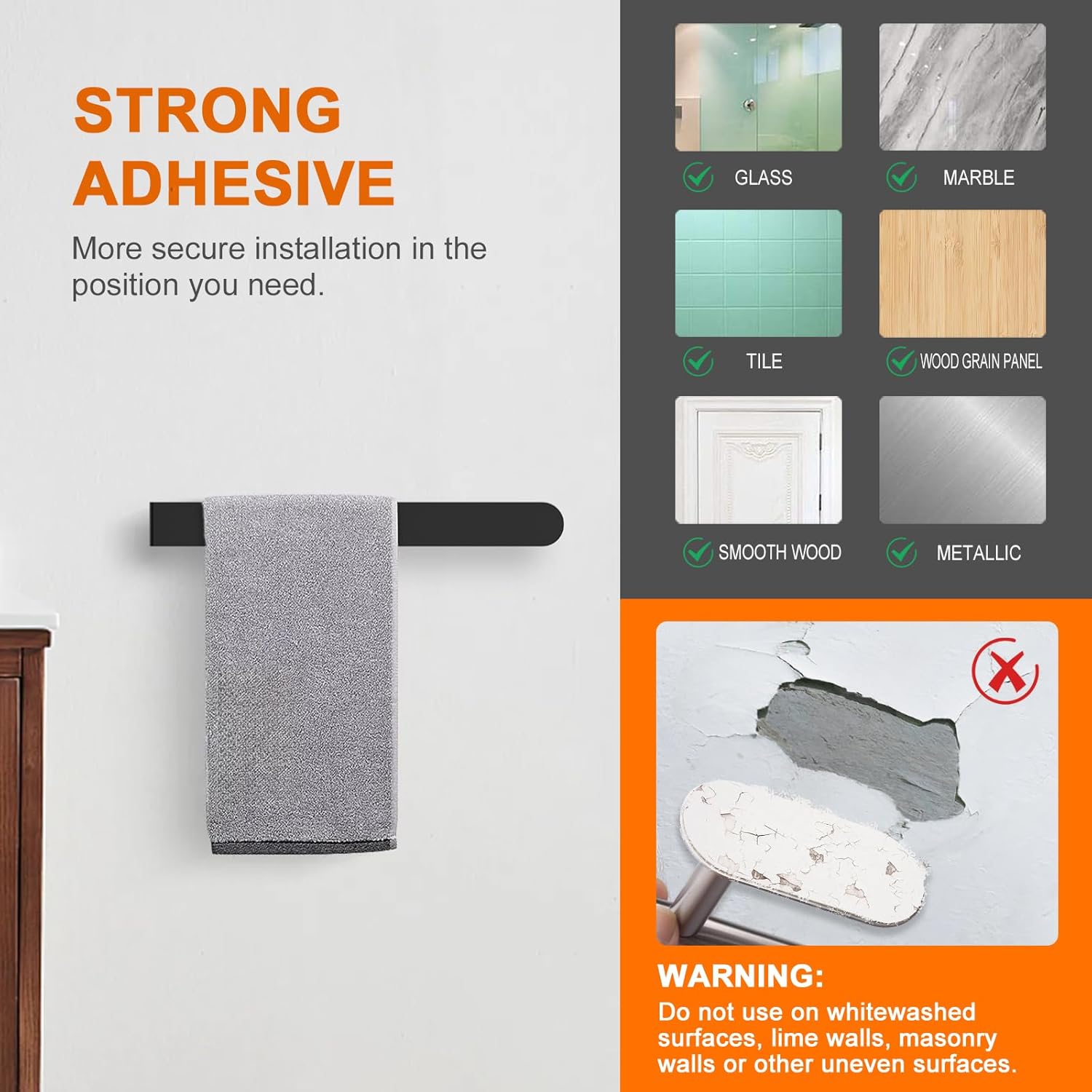 Ibergrif - Porte-serviettes M34454B - 37 cm - Inox, adhésif 3M, noir