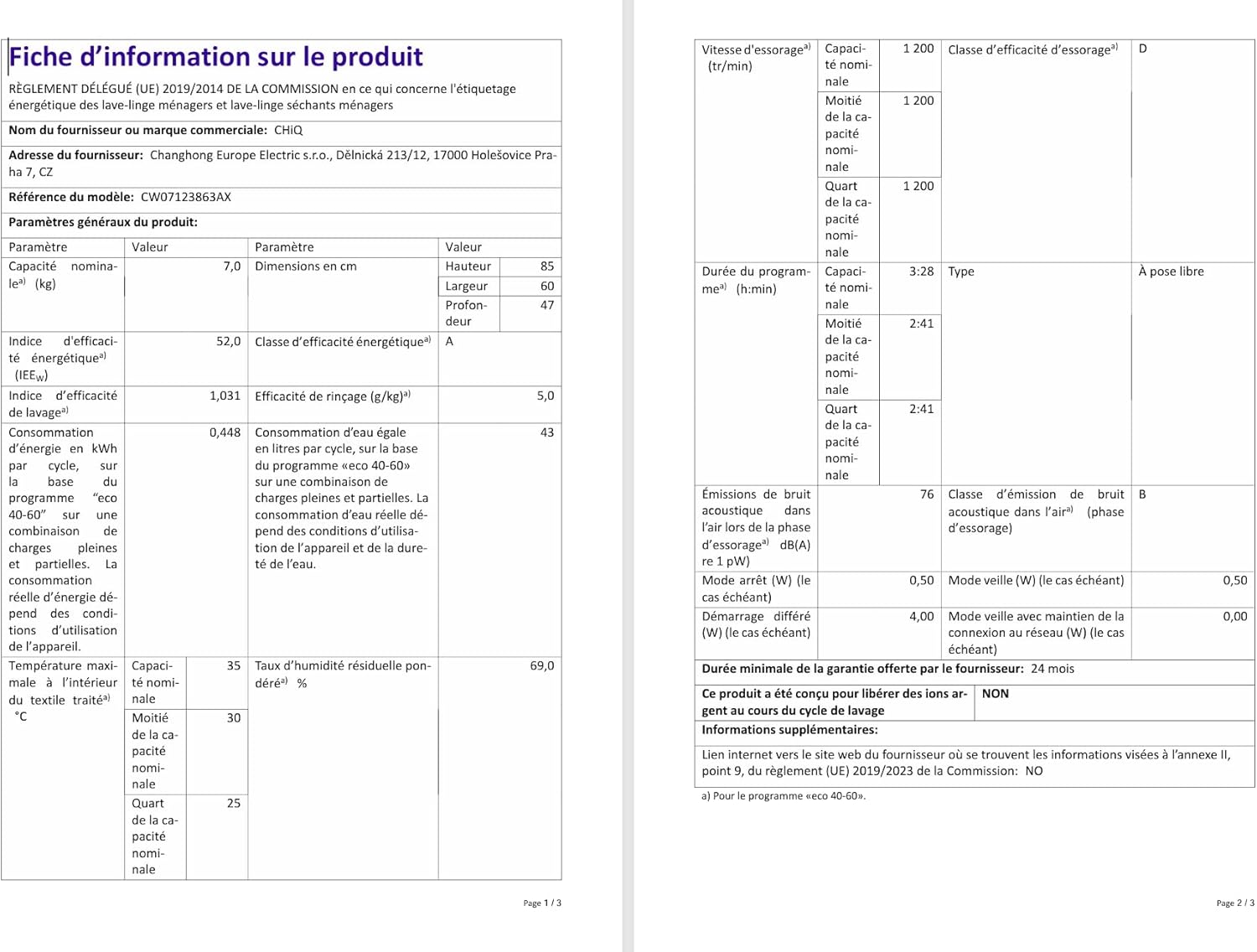 CHiQ - lave-linge compact, 7kg, 1200RPM, vapeur, classe A, 60x46.5x84cm - CW07123863AX
