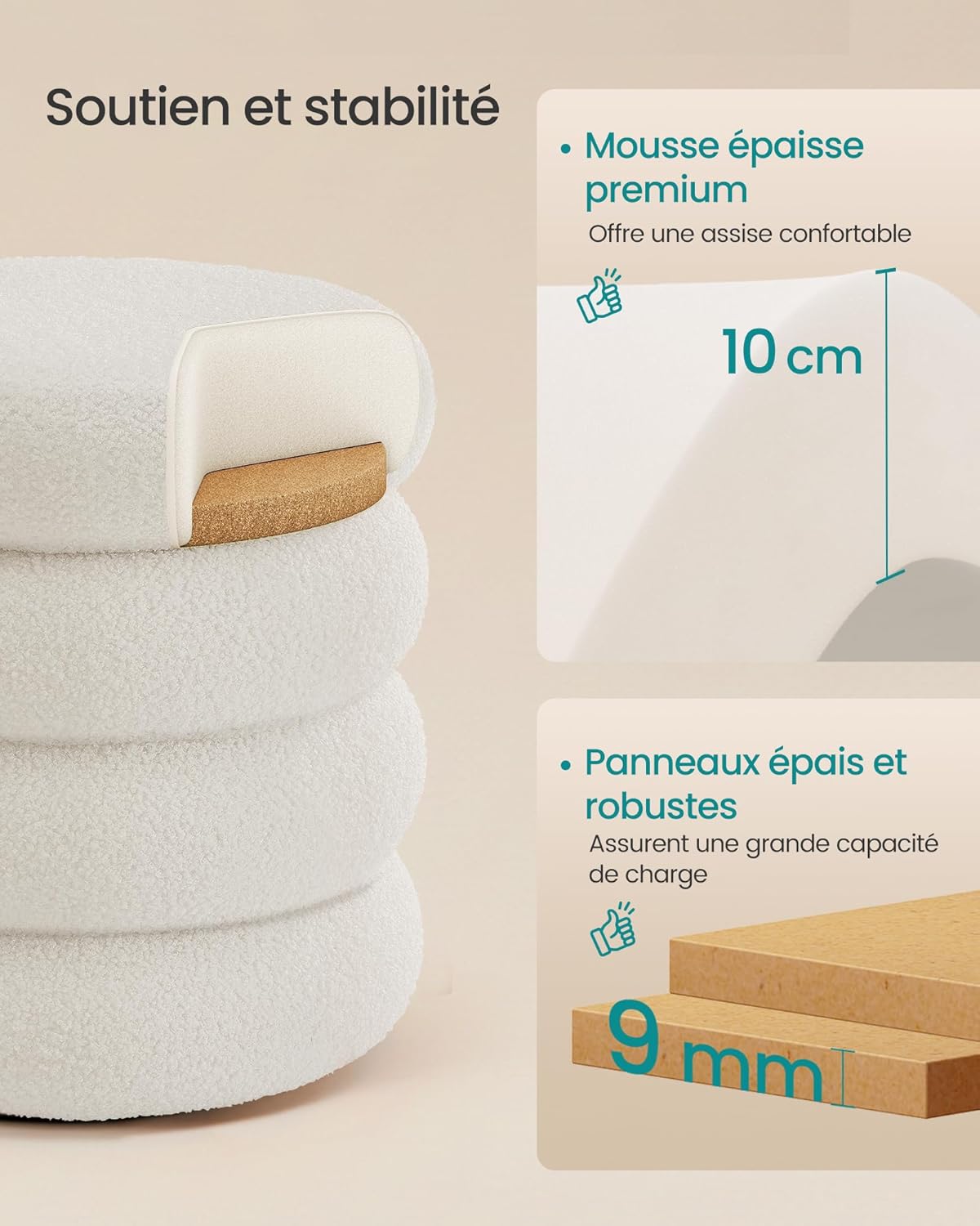 SONGMICS - pouf rond Teddy, 43x47 cm, rangement, blanc, LOM015WD01