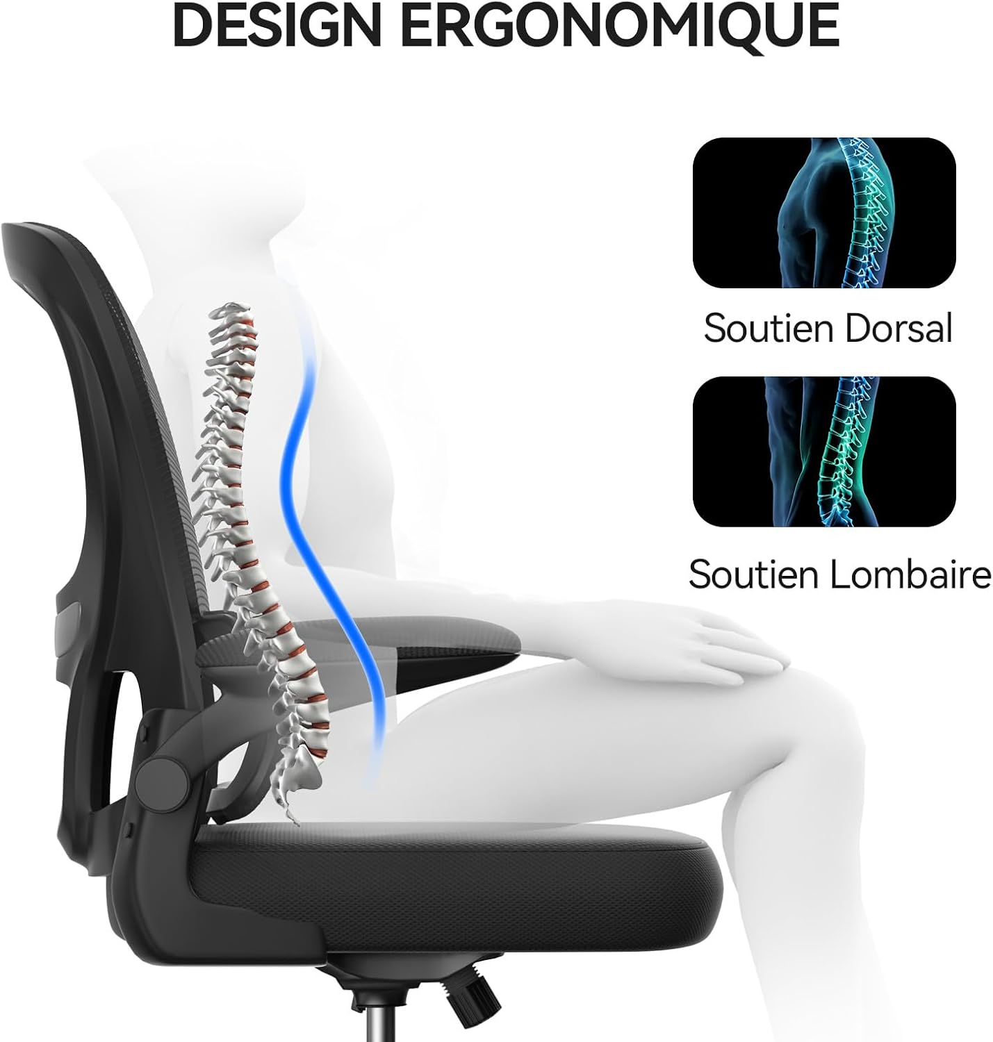 Naspaluro - chaise de bureau ergonomique - support lombaire C - accoudoirs réversibles, maille respirante, noir