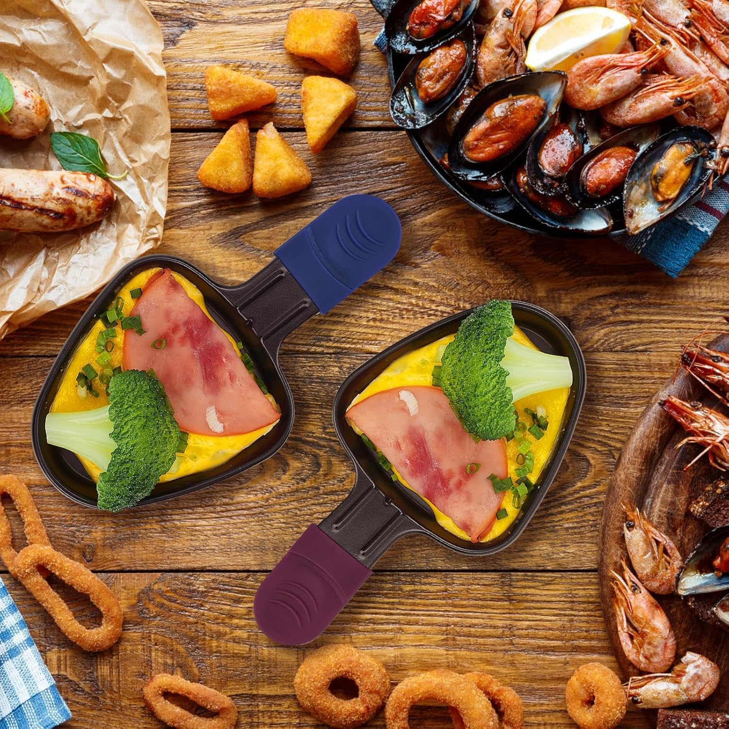 Poêlon à raclette - 18x10cm - antiadhésif, 8 pelles bois, multicolore