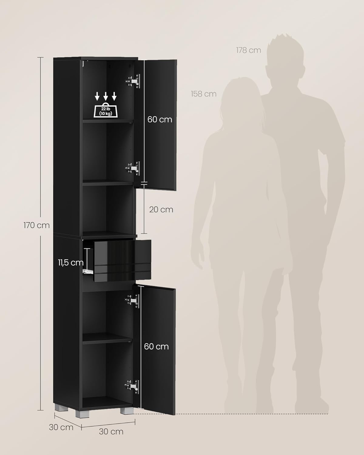 VASAGLE - colonne salle de bain, 30x30x170 cm, tiroir, étagères réglables - BBC560B01