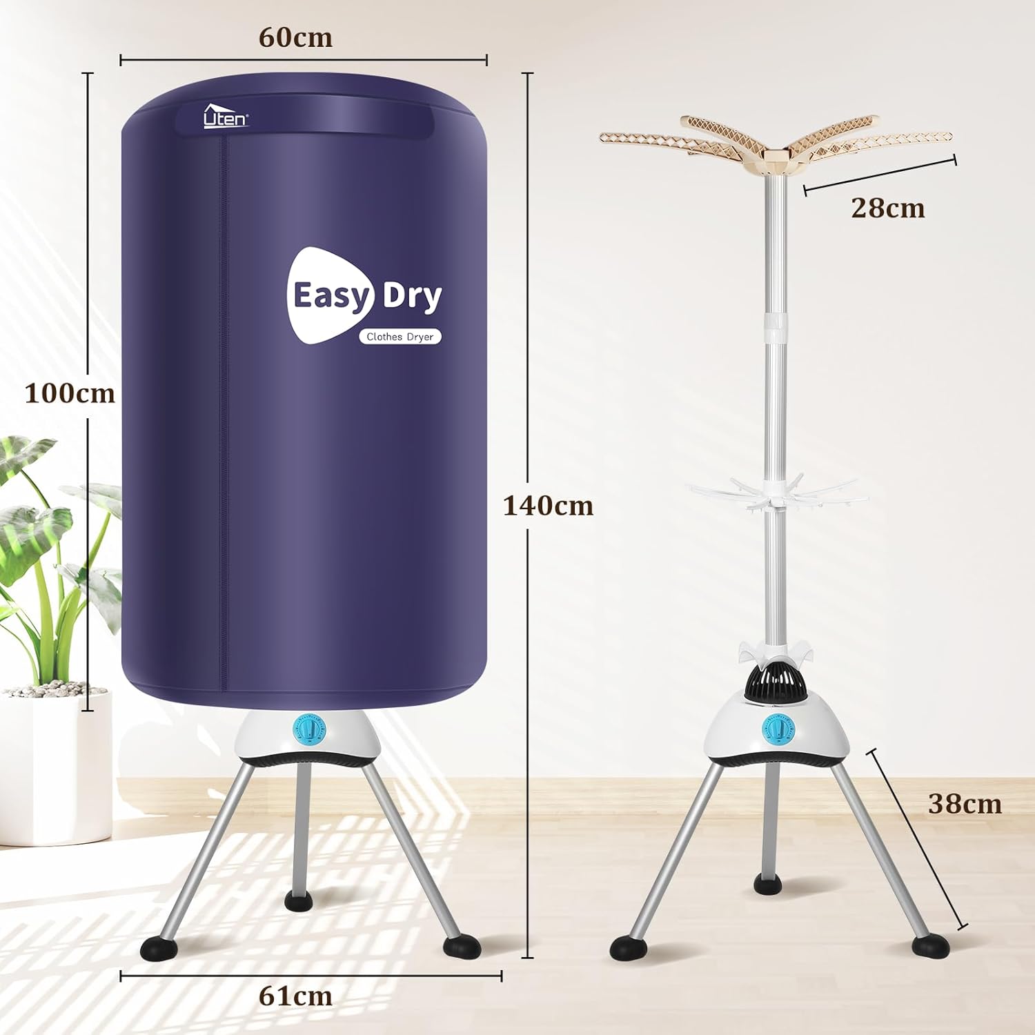 Sèche-linge électrique rond, 1000W, minuterie, séchage portable