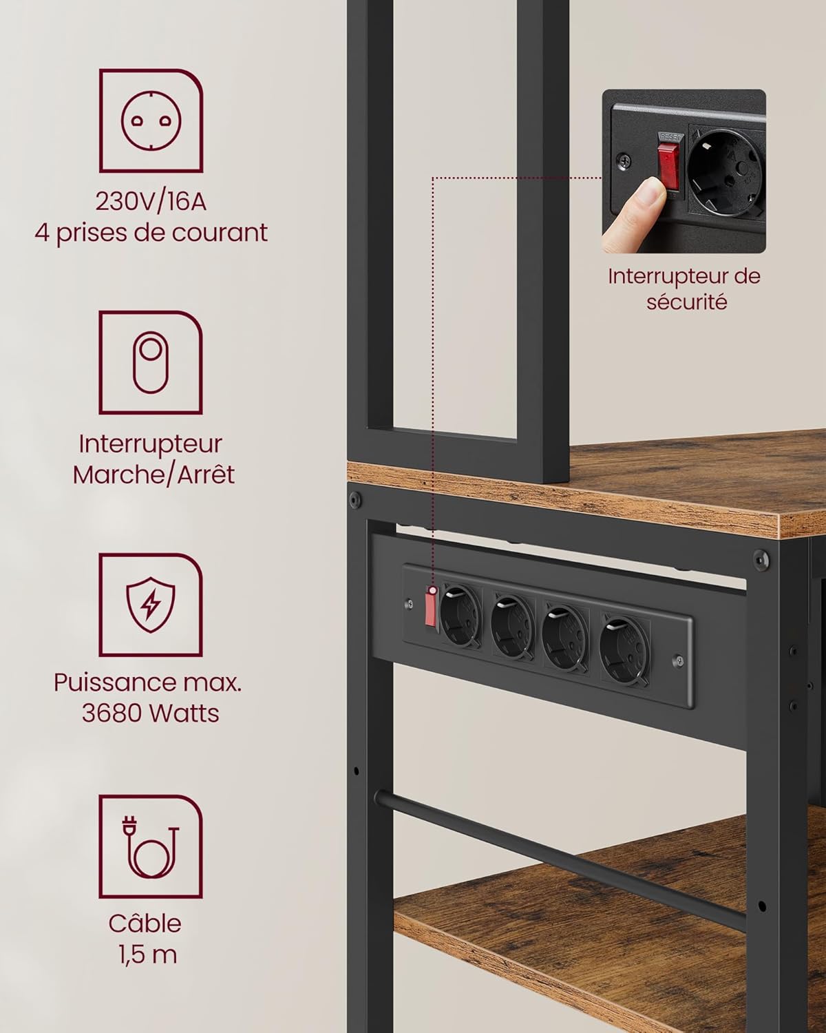 VASAGLE - étagère cuisine série KKS015K03, 40x80x180,4 cm, multiprise, étagères réglables, tiroir tissu