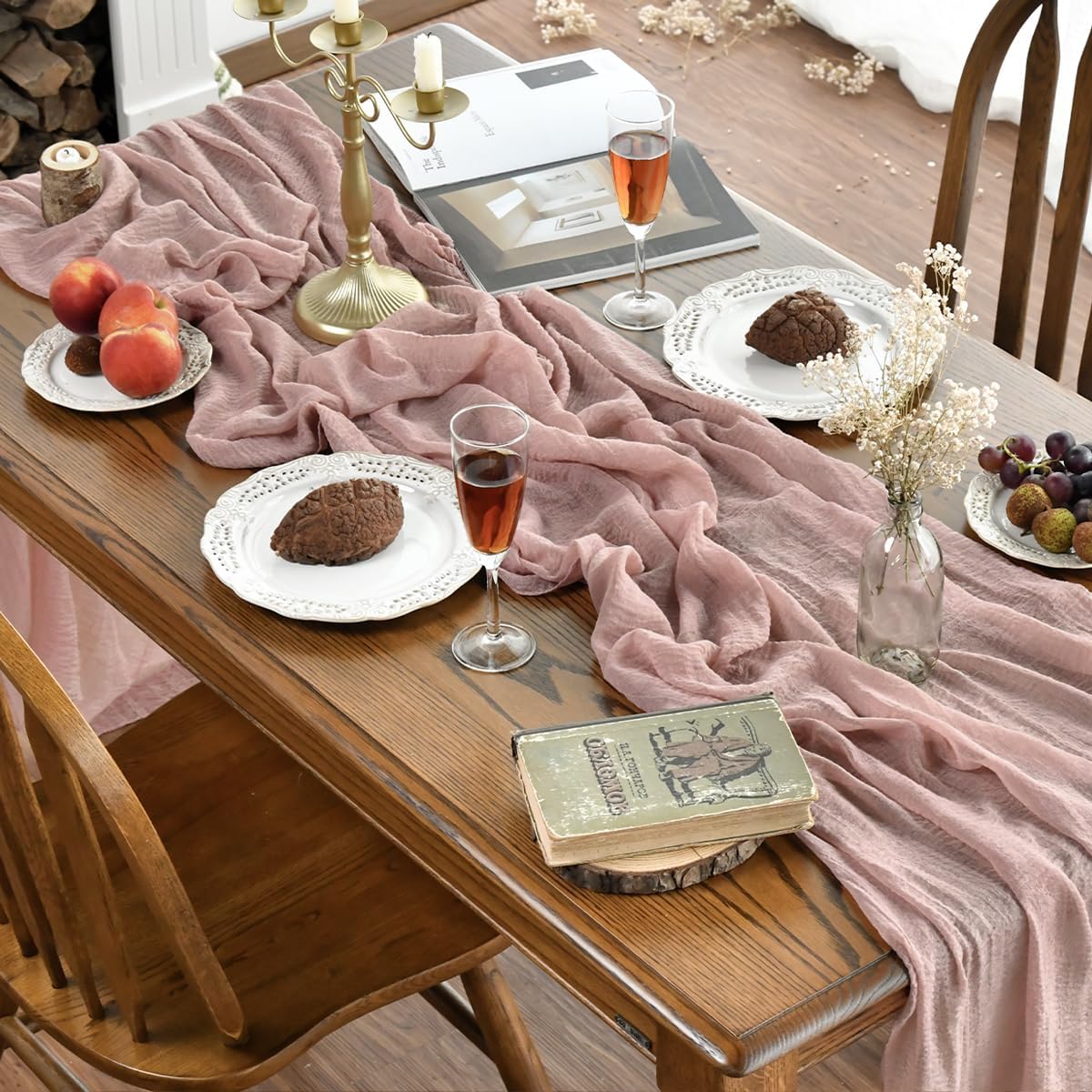 Artoid Mode - Chemin de table bohème - 300 cm - gaze mousseline, rose dusty