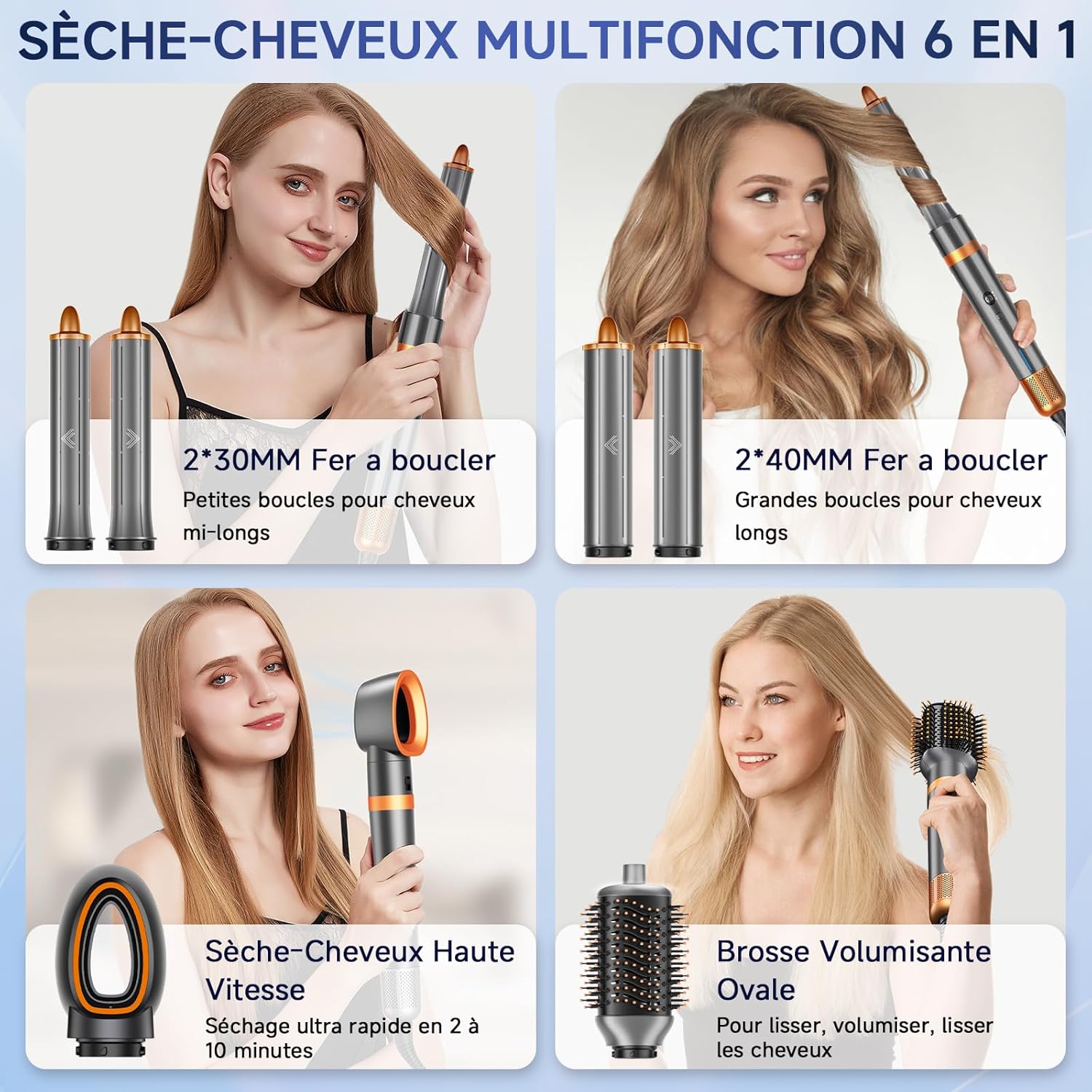 Brosse soufflante 6 en 1, ionique, 120K RPM, auto-boucleur, séchage, lissage
