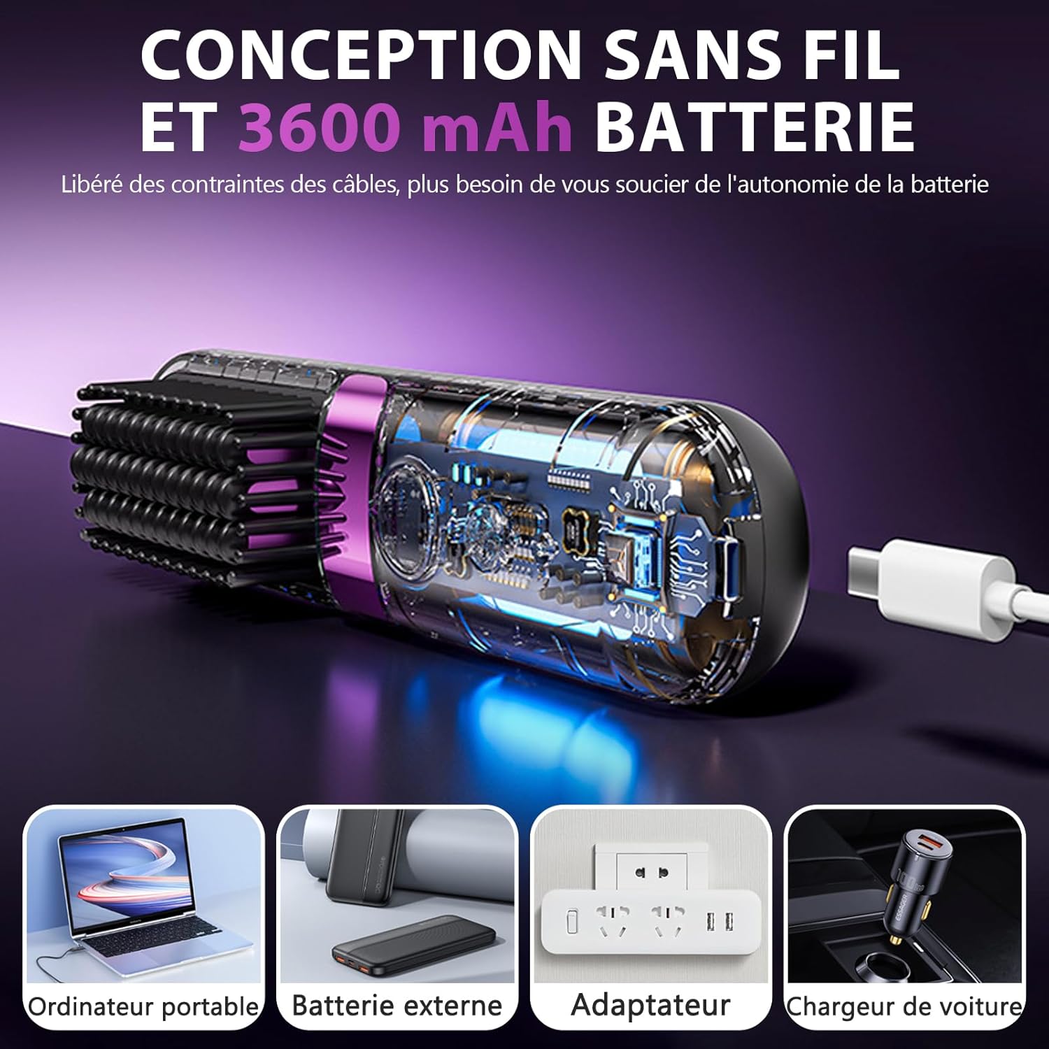 Brosse lissante sans fil - mini, céramique, 4 températures, portable