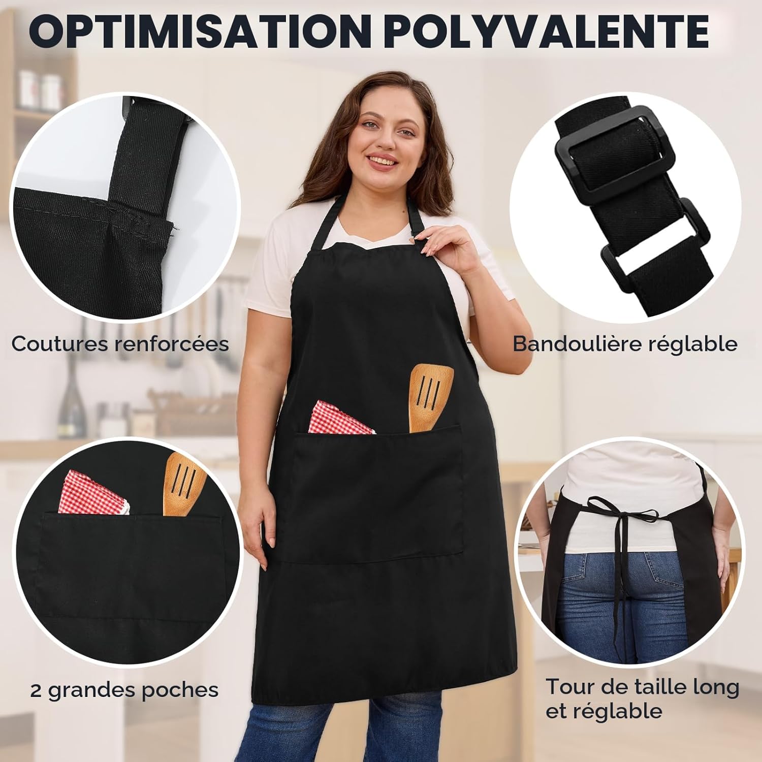 Tablier de Chef - lot de 2, grande taille, 2 poches, unisexe, professionnel