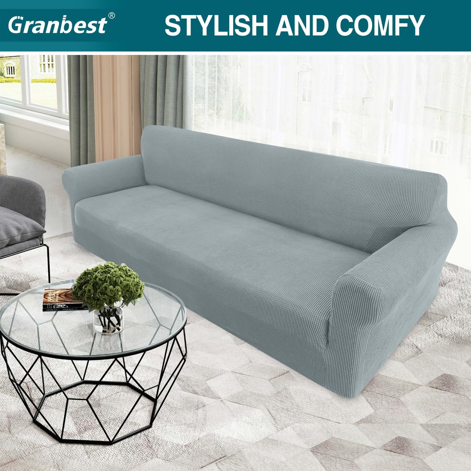 Housse de canapé - Jacquard extensible 4 places - protection animaux - gris