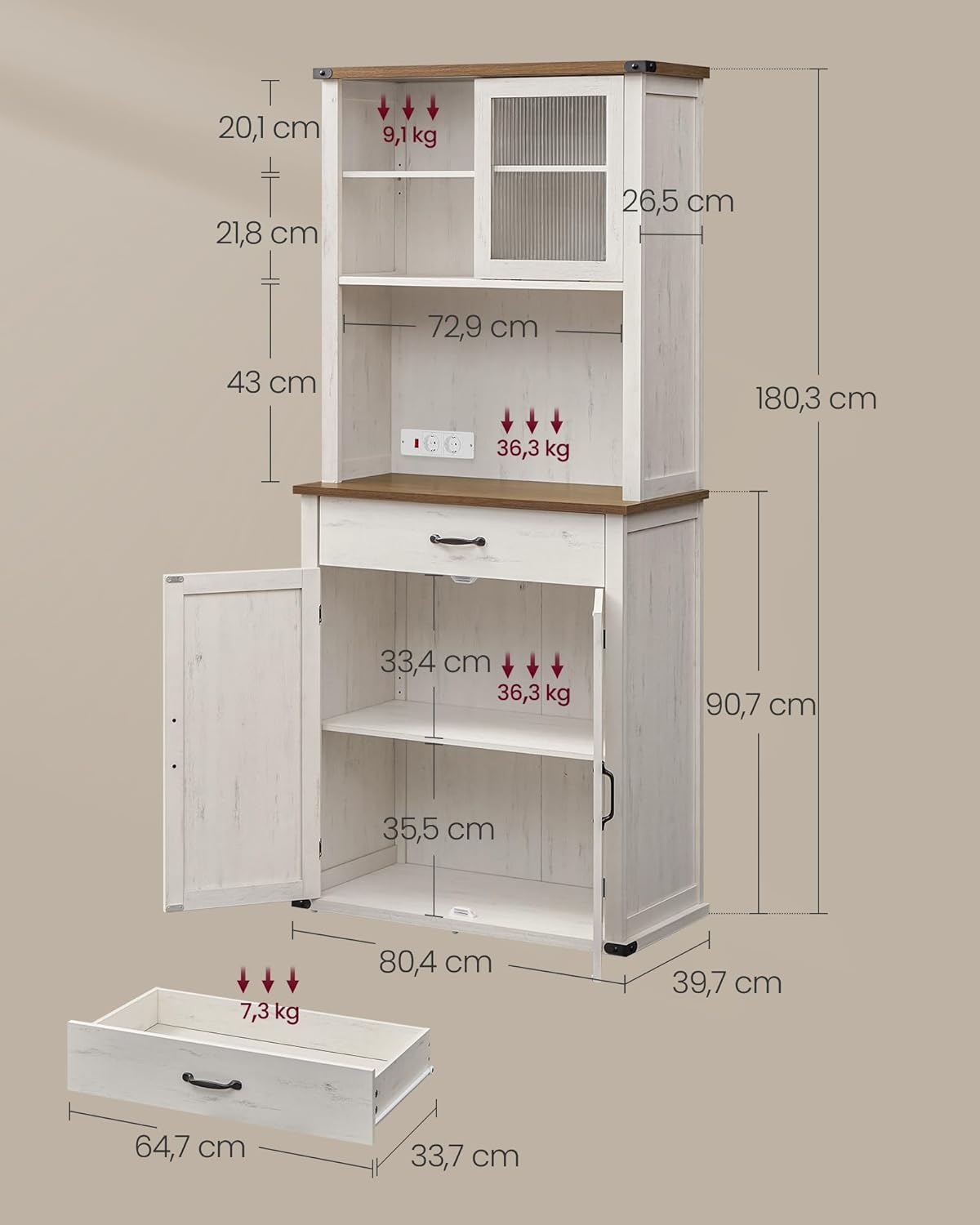 VASAGLE - meuble de rangement campagne, 39,5x80,4x180,6cm, éclairage, étagères, ports USB, BBK363W22V1