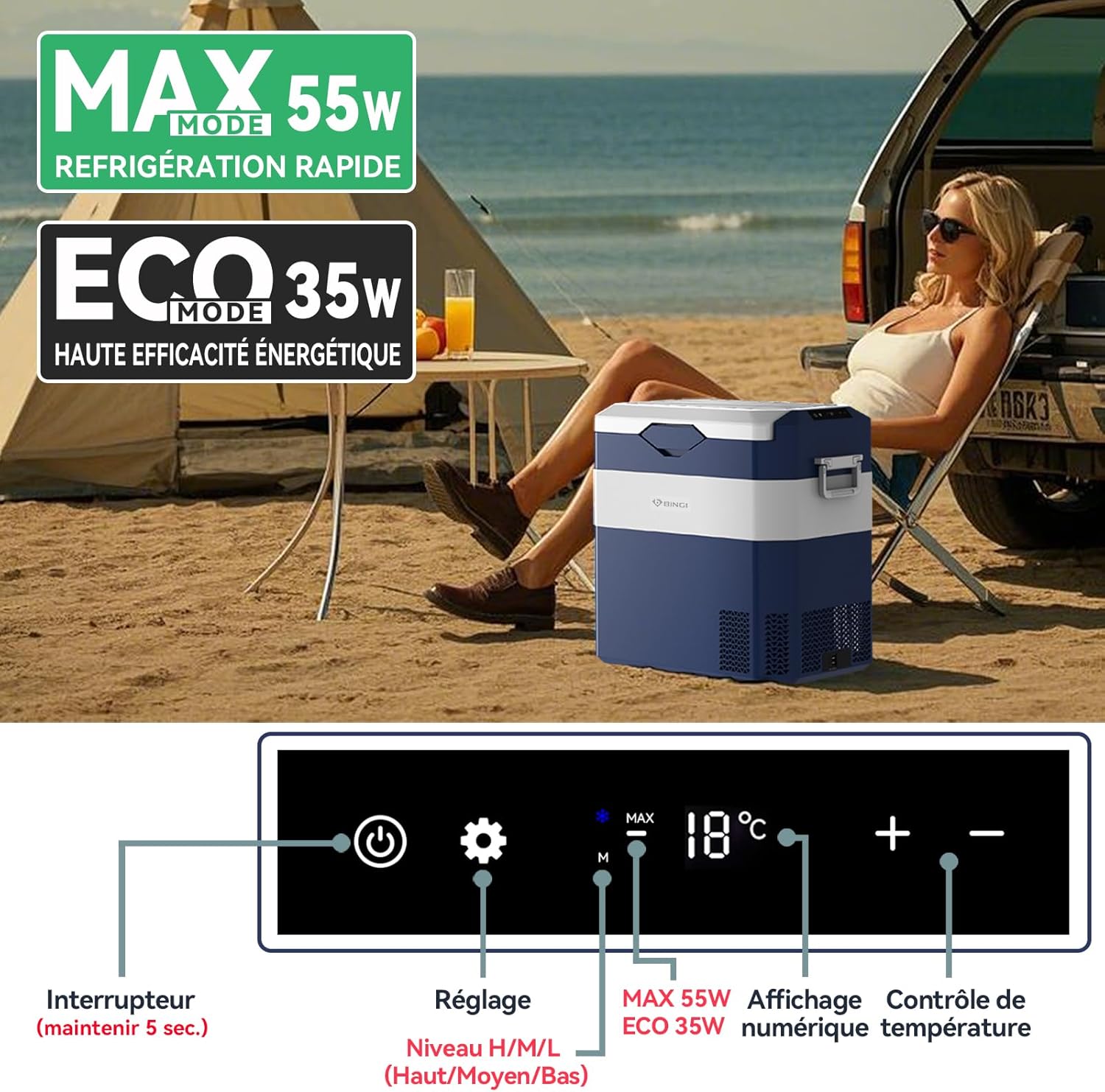 BINGI - glacière à compression 42L - refroidit jusqu’à -18°C, 12/24/220V