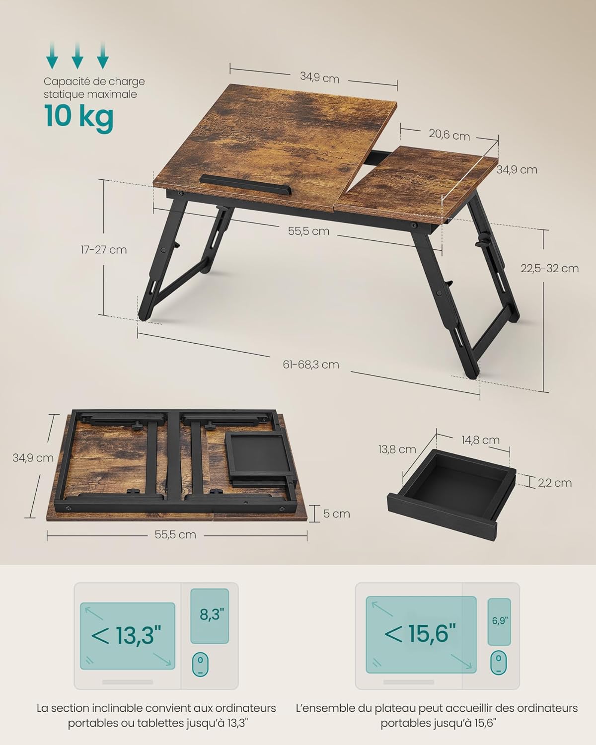 SONGMICS - Table de lit réglable 15,6