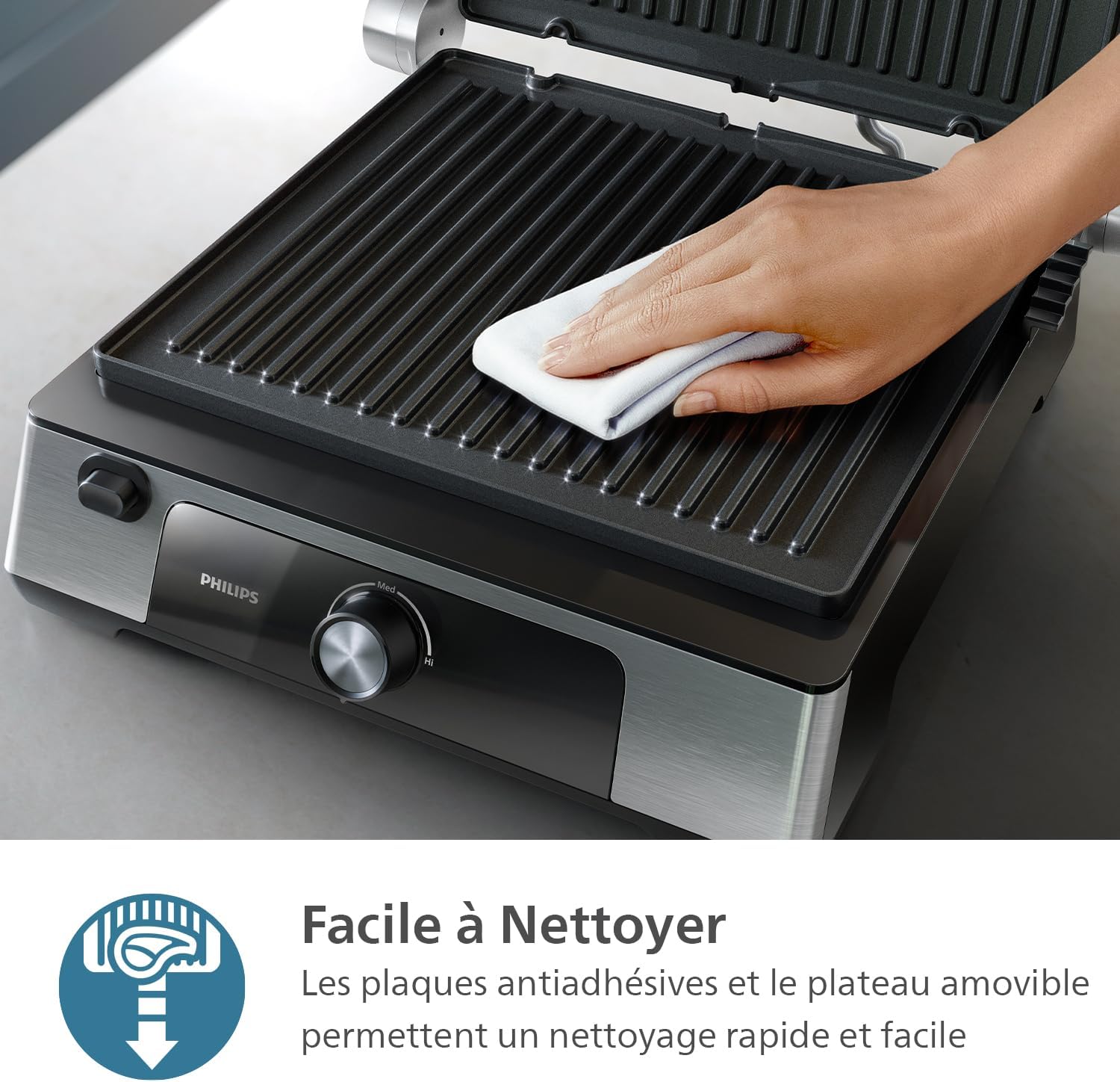Philips - Grill de contact - surface XL, température réglable, plaques amovibles, HD6301/90