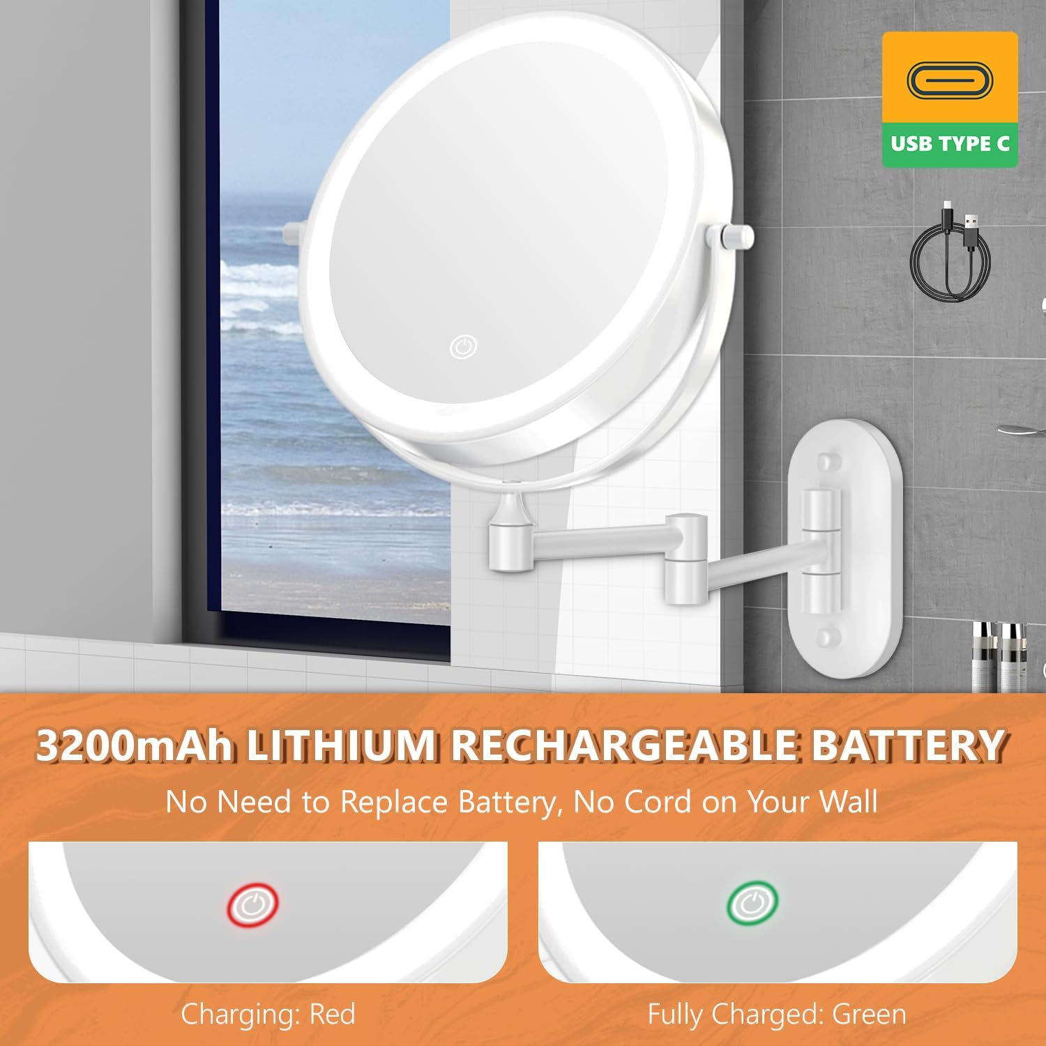 Auxmir - miroir mural LED, x20/1x, USB, 3 couleurs, tactile, 360°