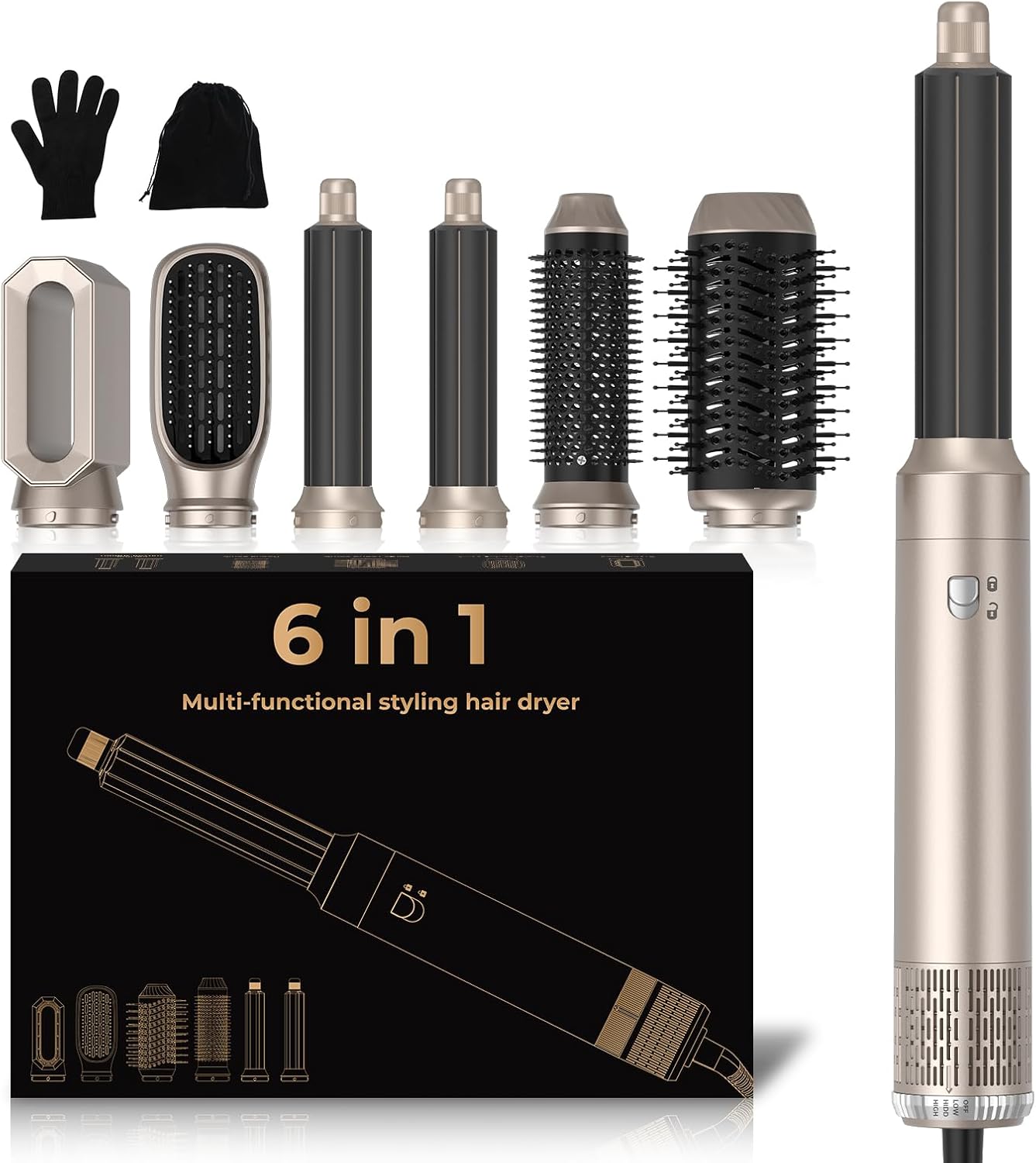 Air Styler - Airbrush 6 en 1 - 1000W - ionique, 6 accessoires, réglable